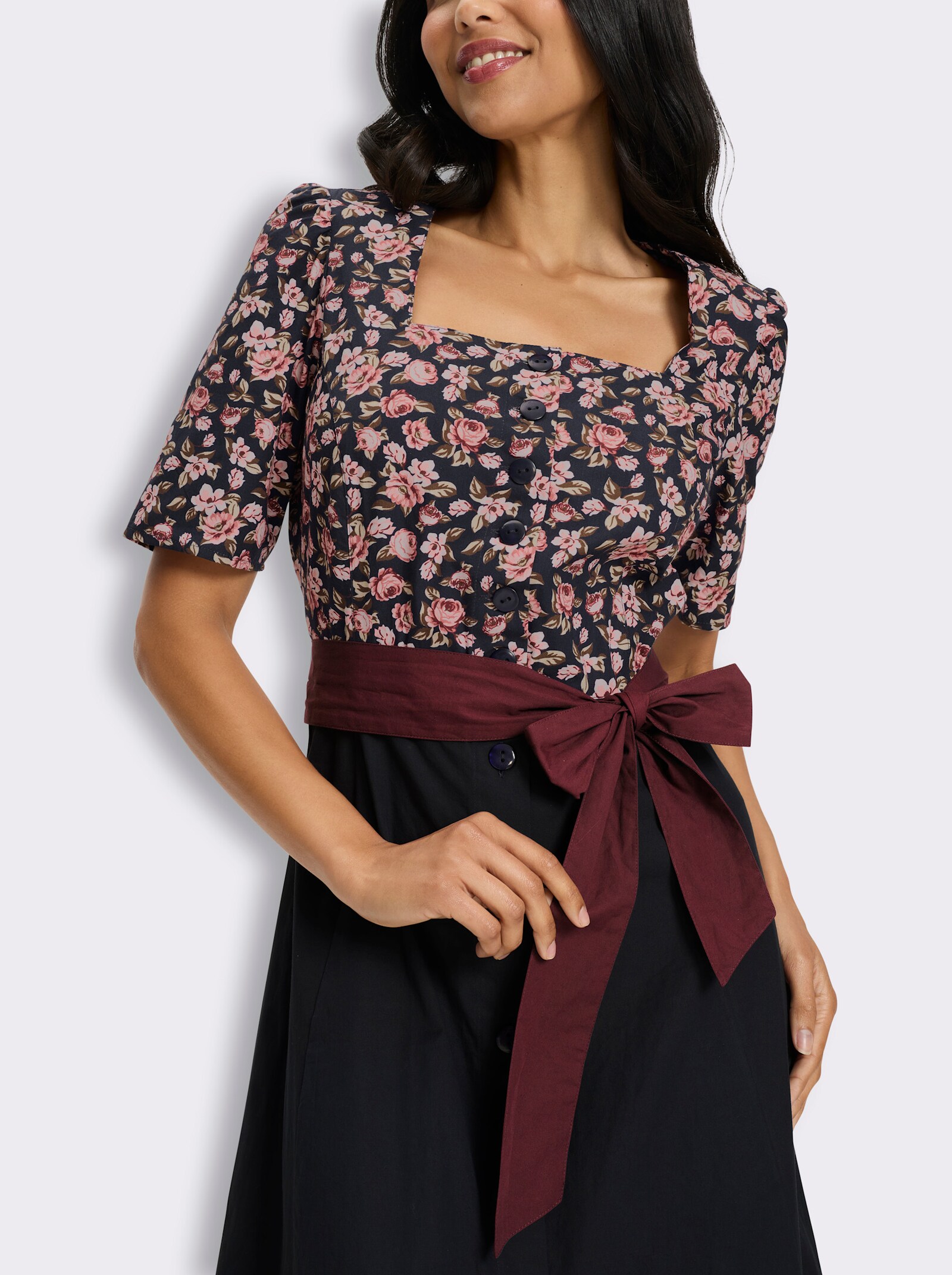 Trachtenkleid mit Karree-Ausschnitt - marine-rosenquarz-bedruckt