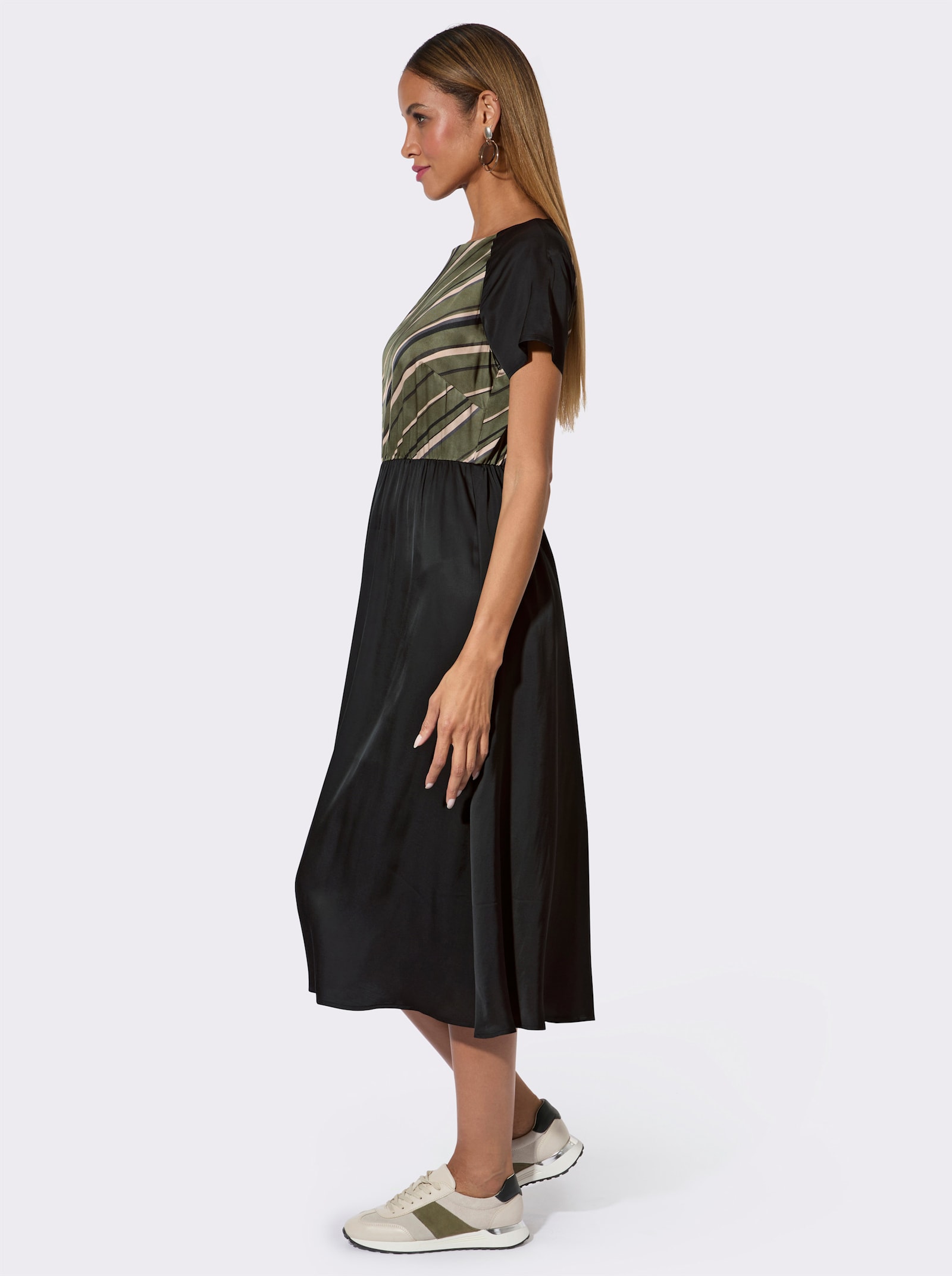 Webkleid mit Reißverschluss hinten - khaki-graphit-gestreift