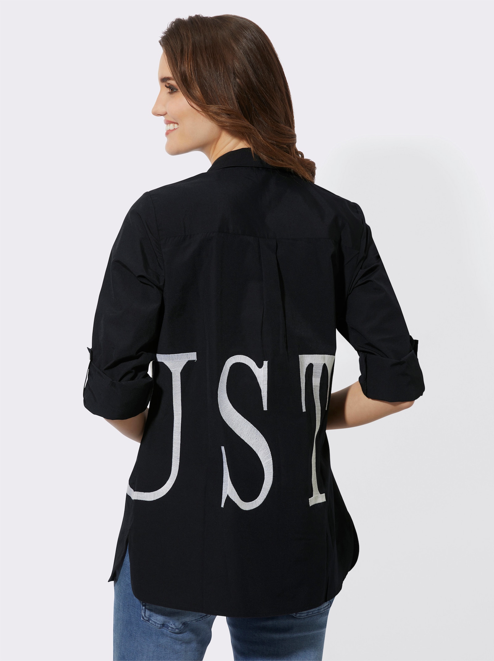 Longbluse mit Stickerei-Schriftzug - schwarz-weiß