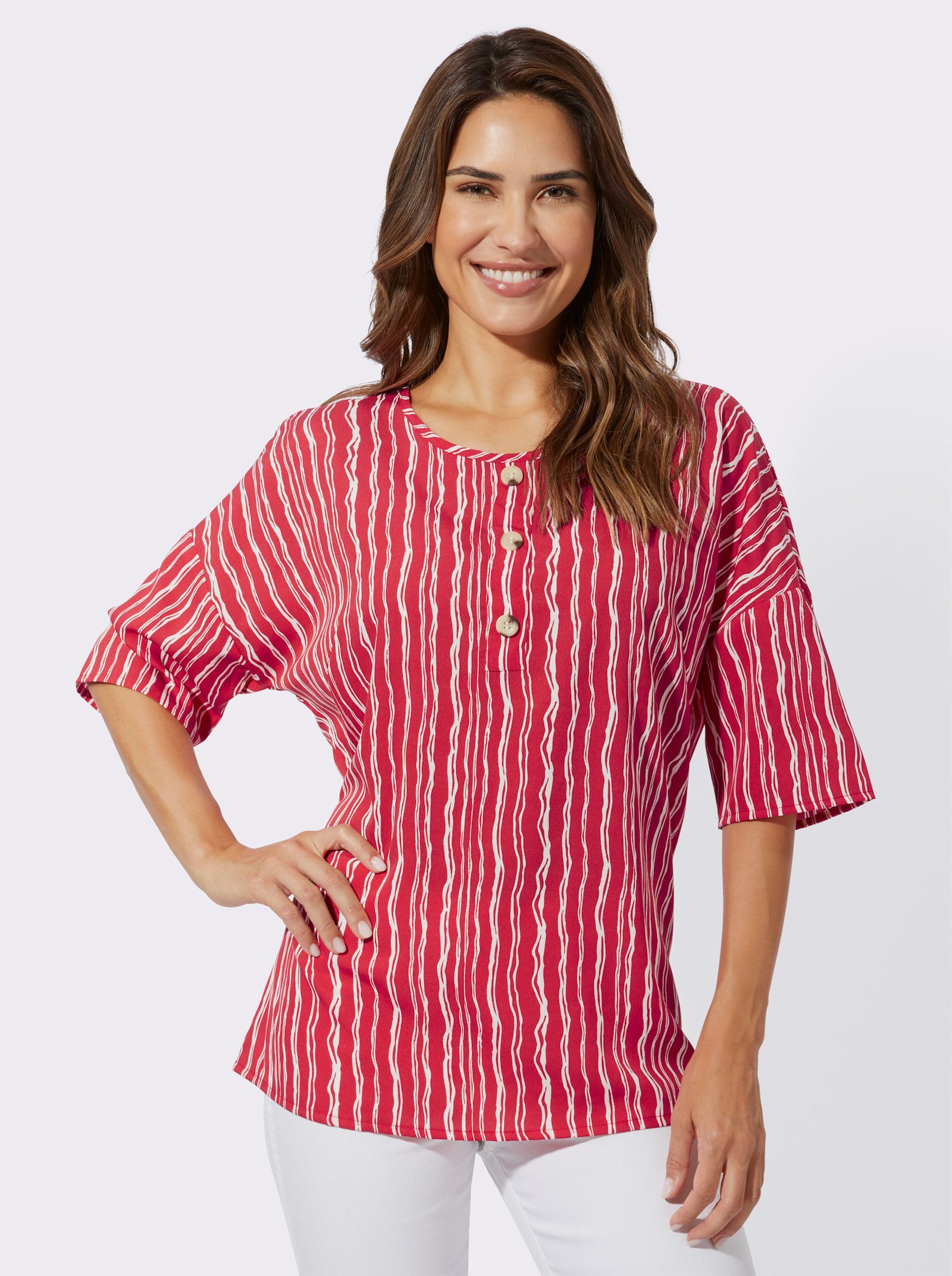 Navliek. blúzka so vzorom vertik. pruhov - Jahodovo-biela potlač