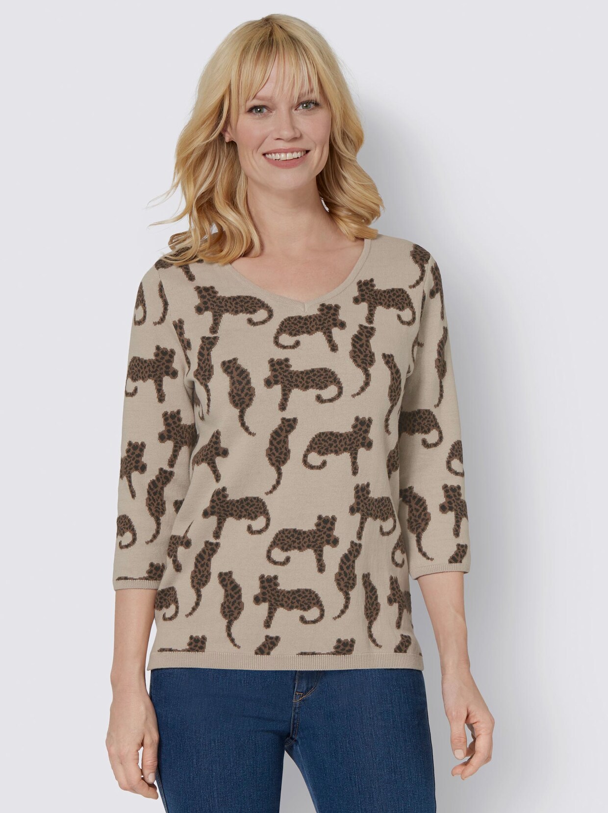 3/4 Arm-Pullover - sand-braun-bedruckt