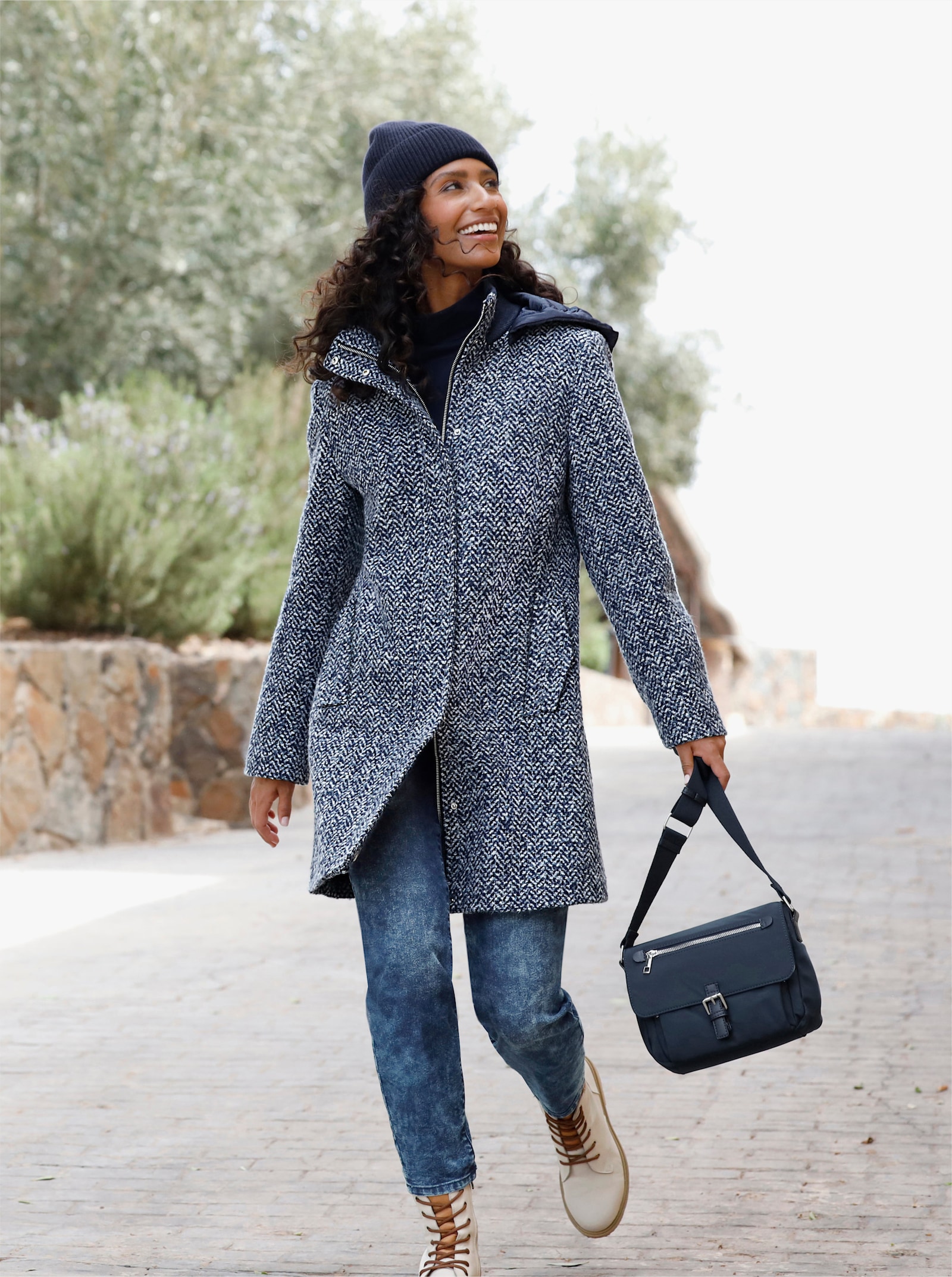 heine Longjacke in Bouclé-Qualität - marine-rauchblau-gemustert