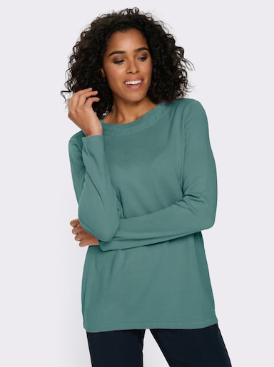 Langarm-Pullover mit Zopfmuster am Ausschnitt - salbei