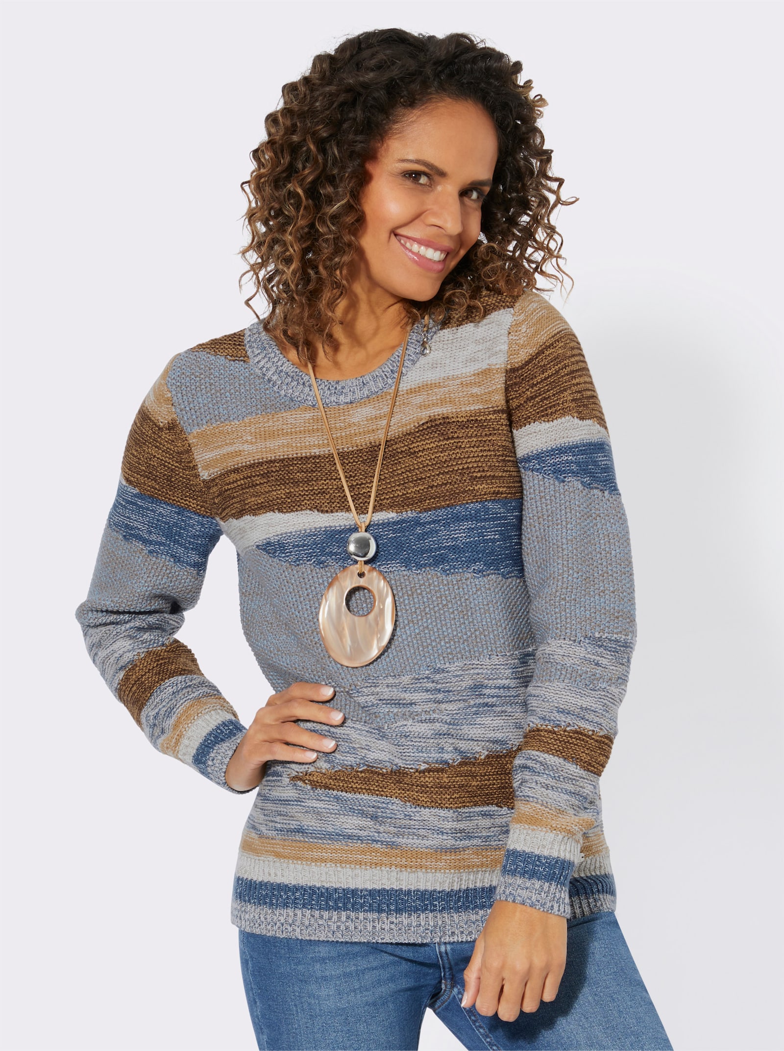 Strickpullover mit farbigen Rippbündchen - jeansblau-taupe-gemustert