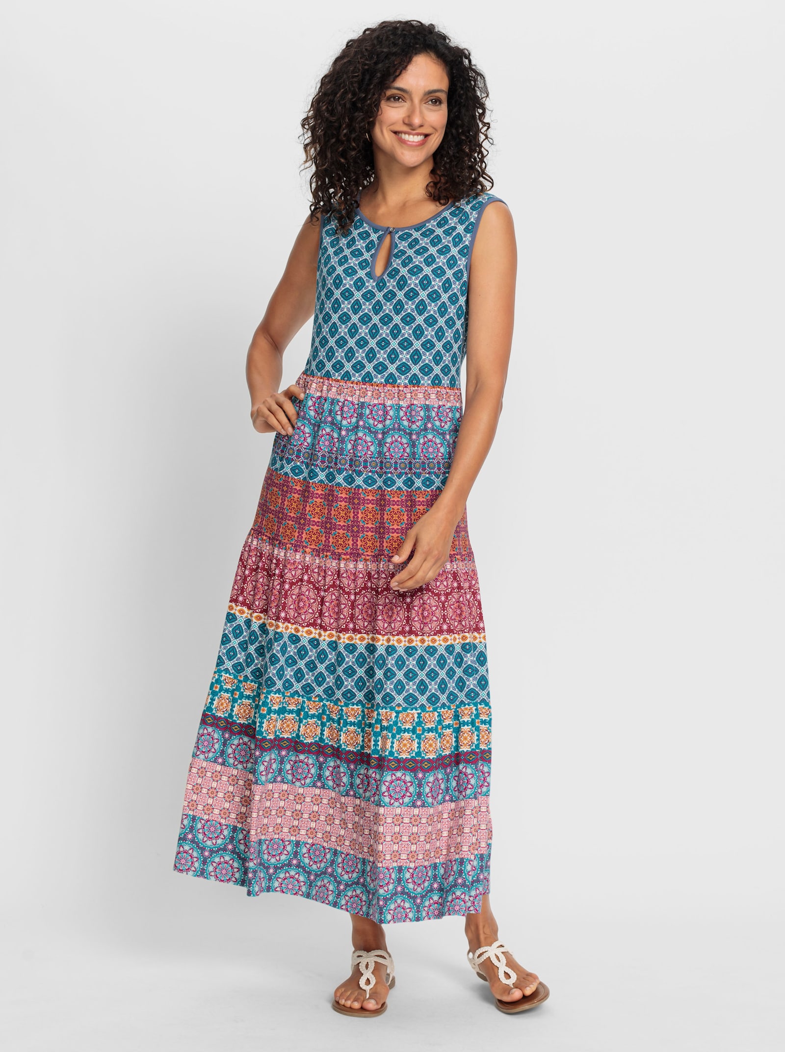 Stufenkleid mit Ornament-Druck - jeansblau-kirsche-bedruckt