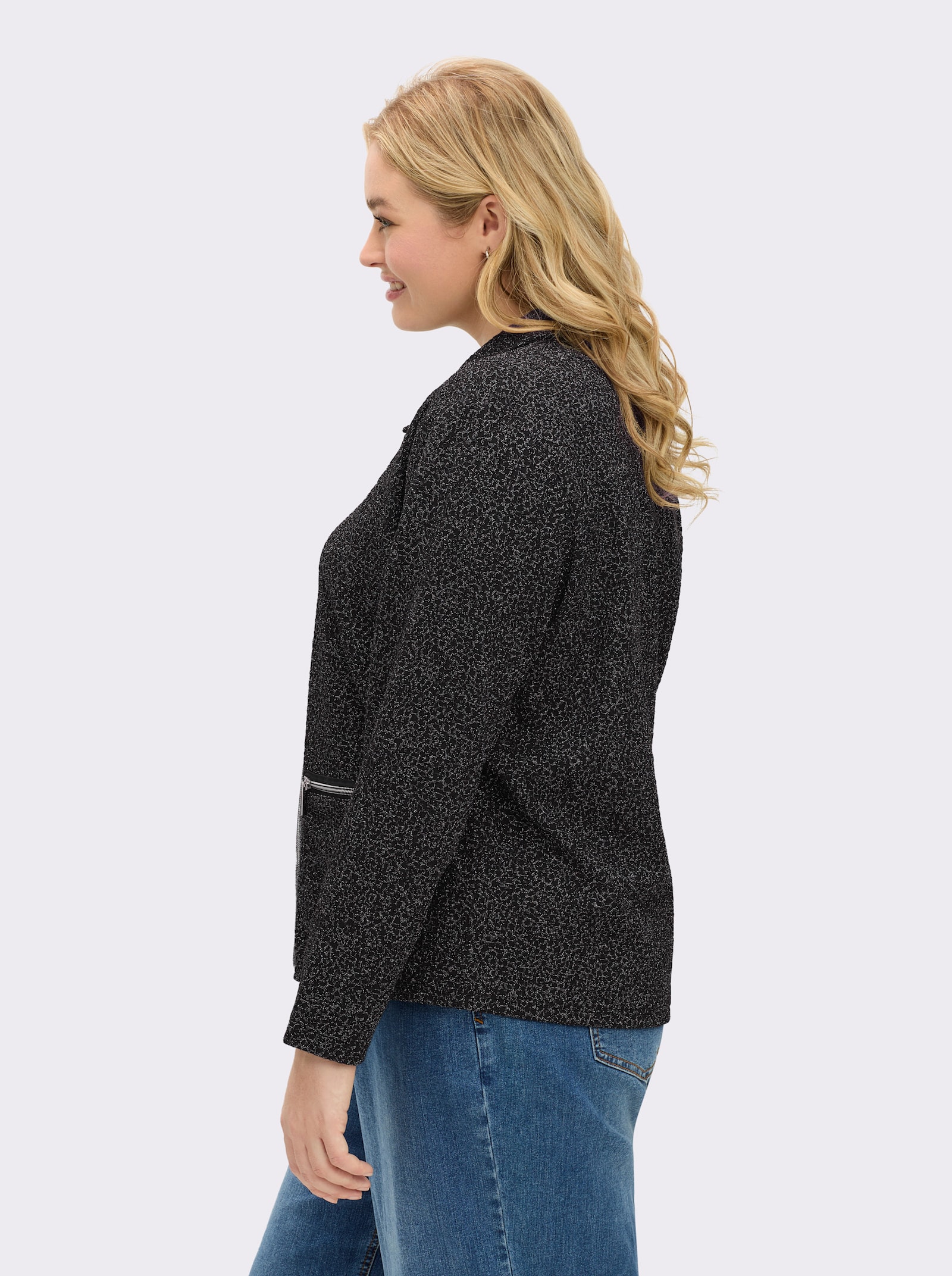 sheego Shirtjacke mit Glanzgarn-Details - schwarz-gemustert