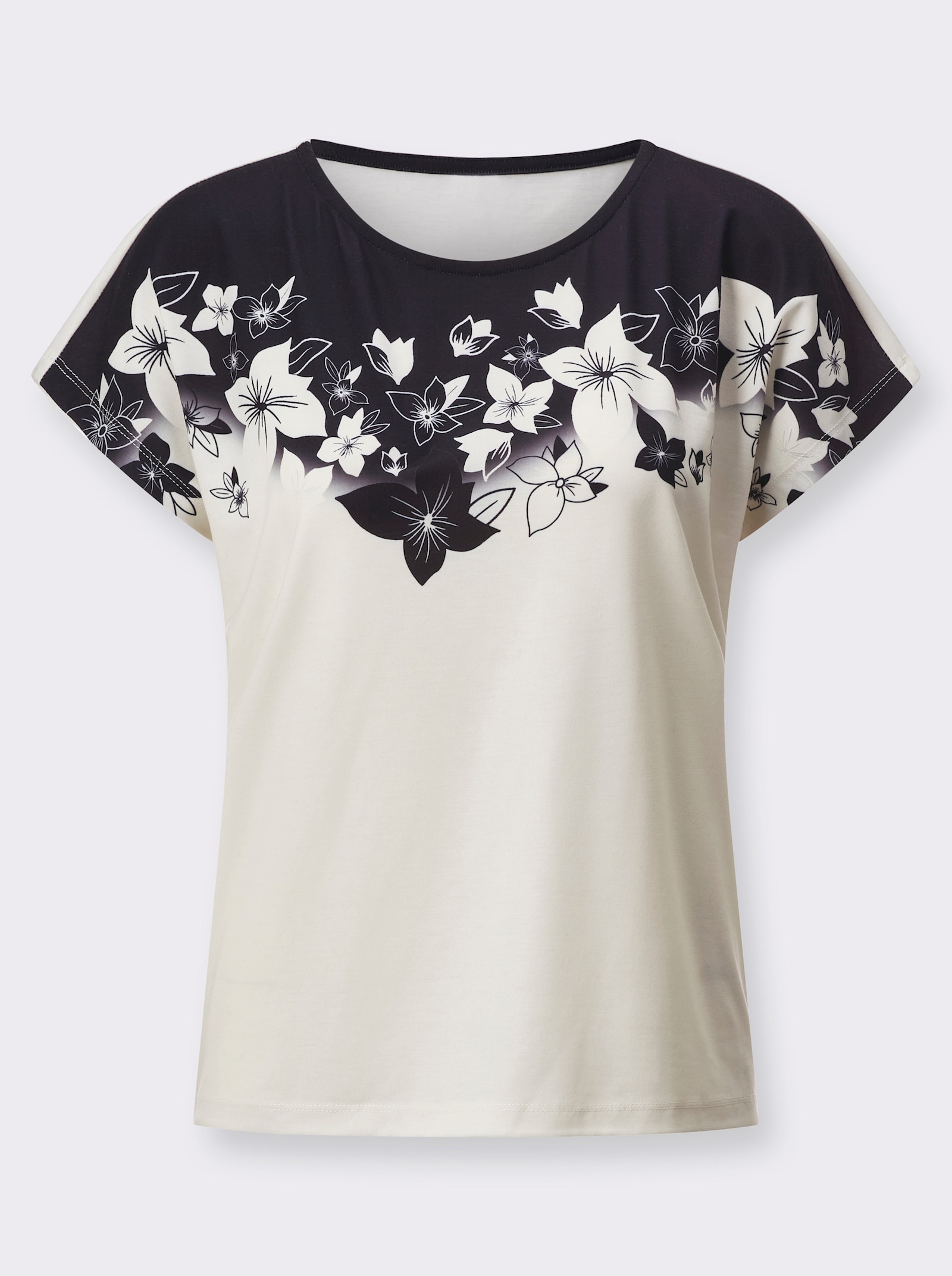 Print-Shirt mit überschnittenen Schultern - champagner-schwarz-bedruckt