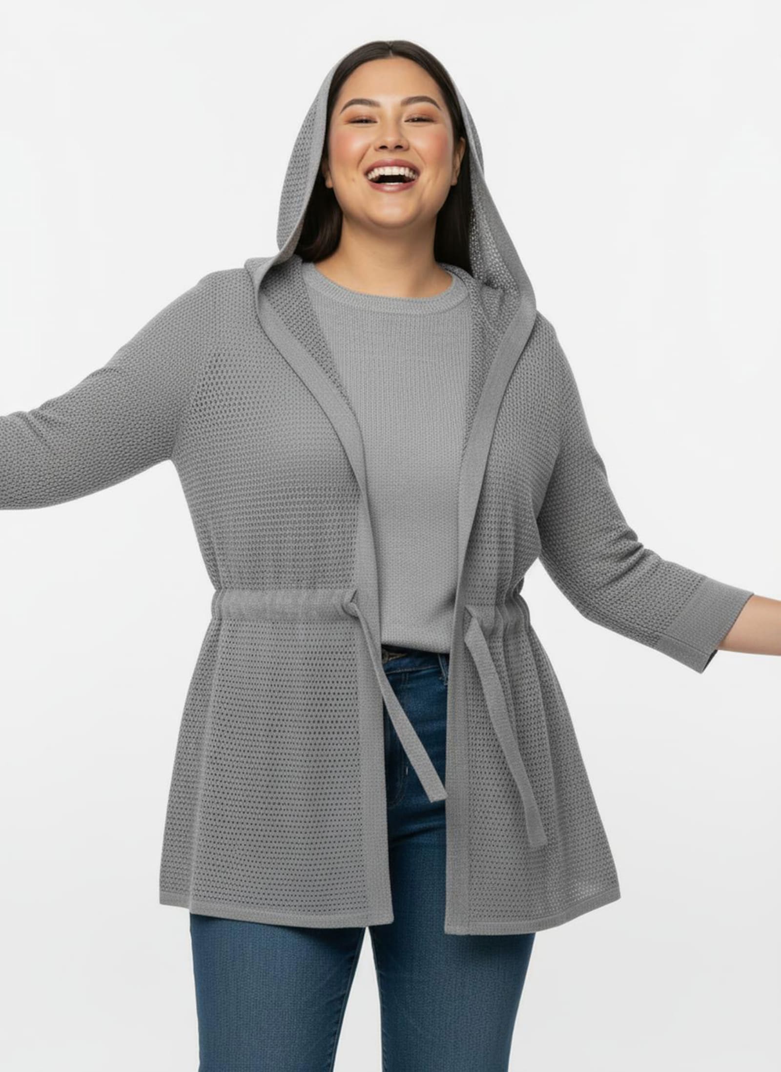 Ajourstrickjacke mit Glanzgarn - steingrau