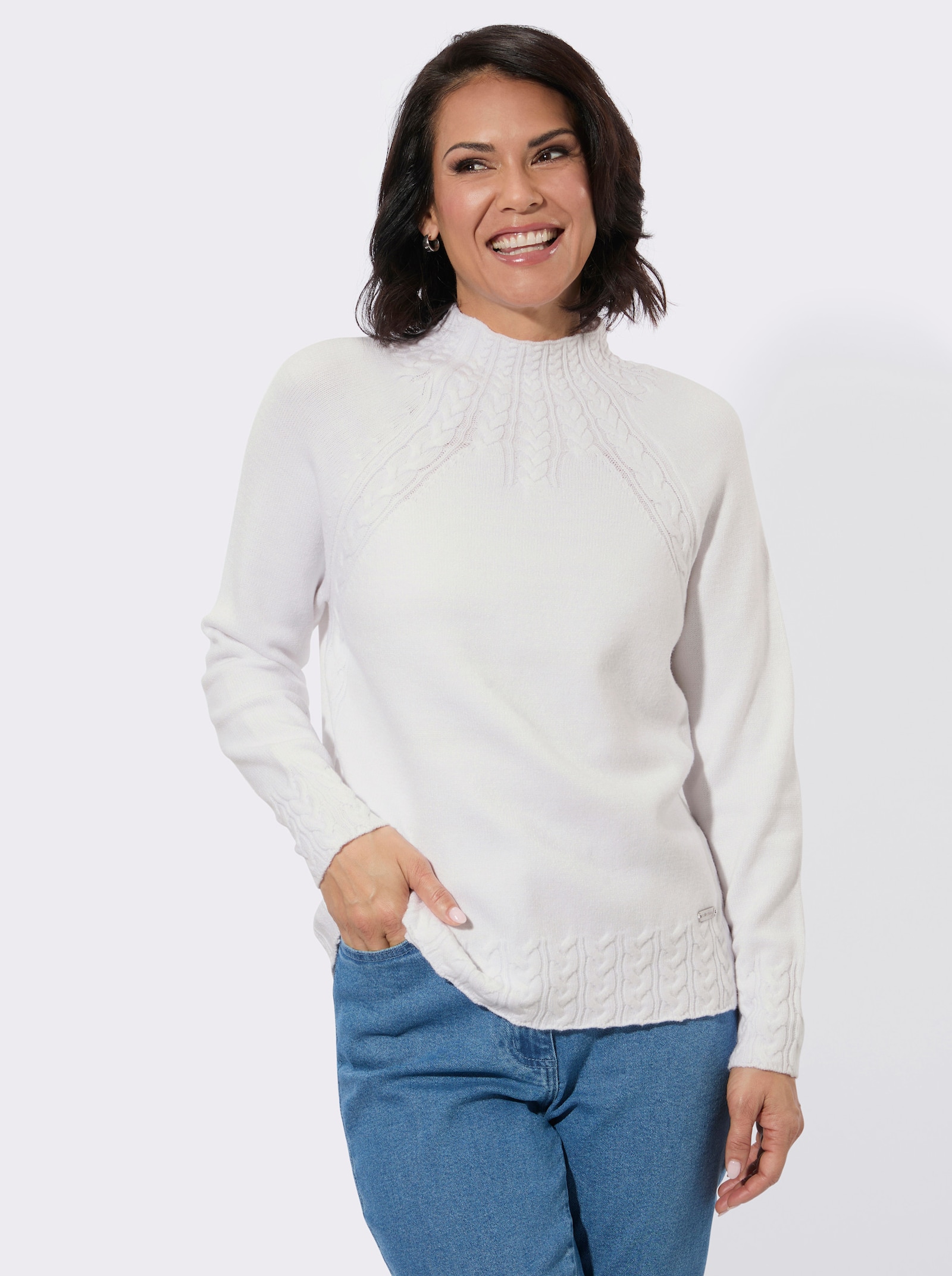 Stehkragenpullover mit Zopfmuster vorn - ecru