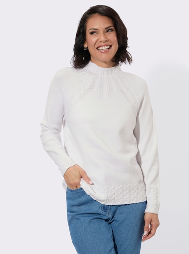 Stehkragenpullover mit Zopfmuster vorn - ecru