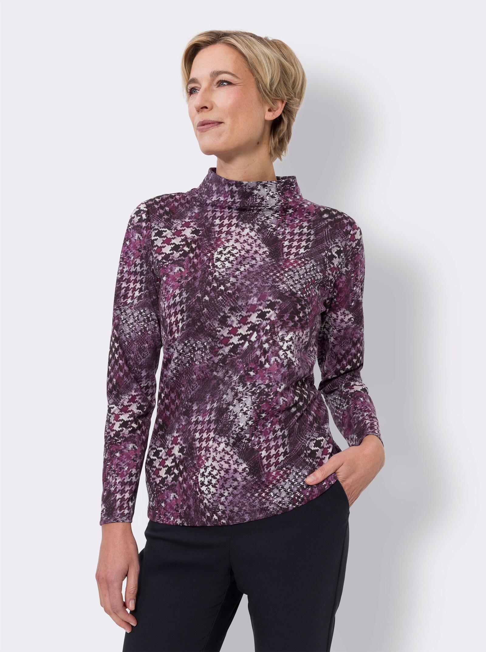 Stehkragenshirt mit Hahnentritt-Muster - bordeaux-schwarz-bedruckt