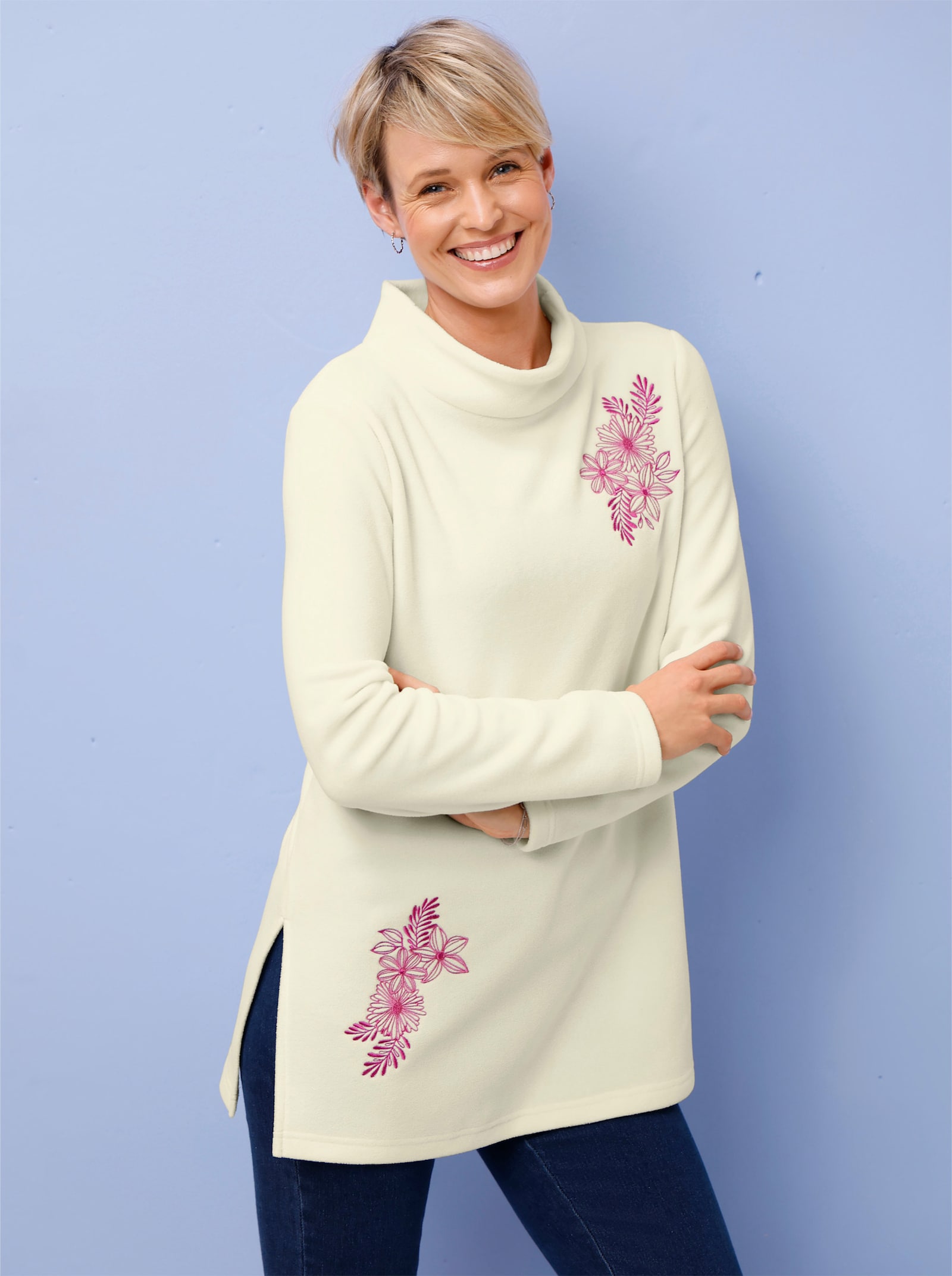 Fleeceshirt in Longform mit Stehkragen - ecru