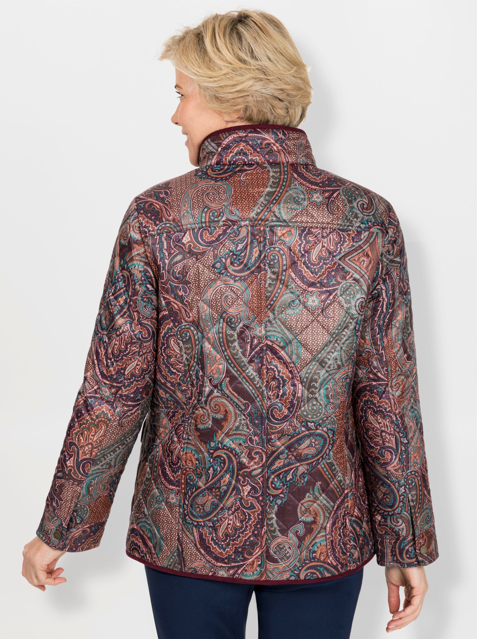 Steppjacke mit Kontrast-Paspel - burgund-aquapetrol-bedruckt