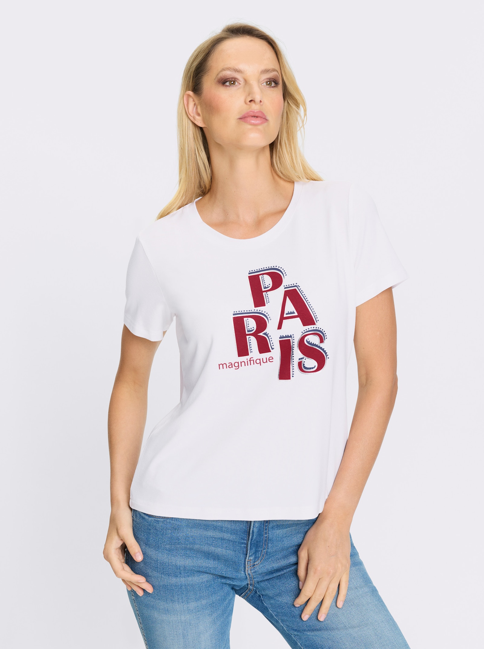 heine Kurzarmshirt mit Schriftzug - weiß-erdbeere