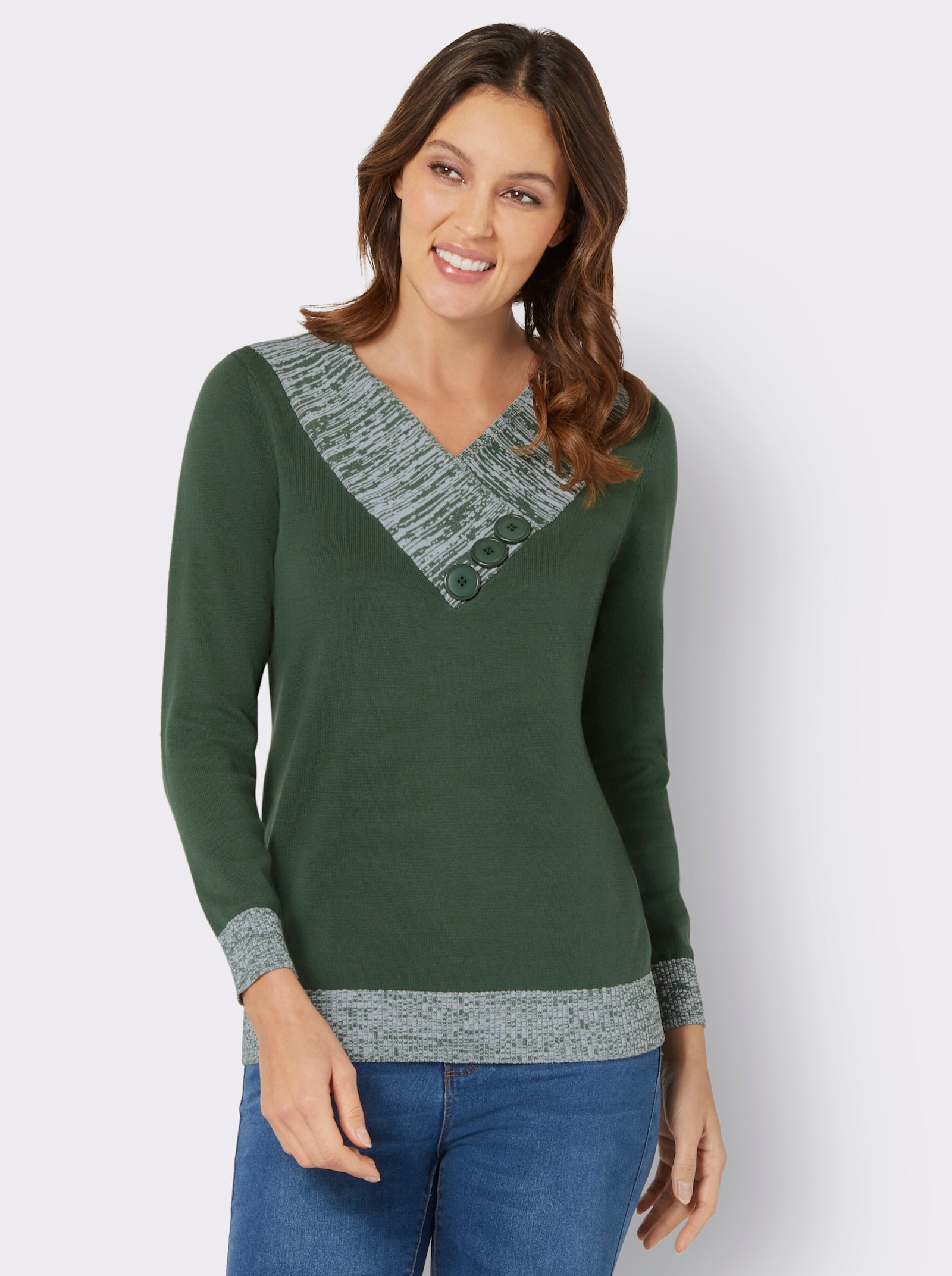 Langarm-Pullover mit Melange-Partien - moos