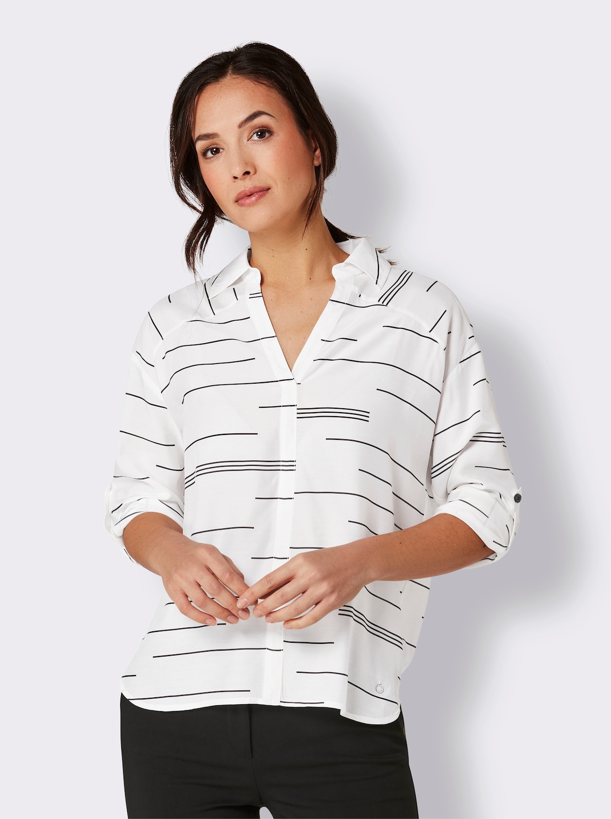 CREATION L PREMIUM Langarm-Bluse - weiß-schwarz-bedruckt