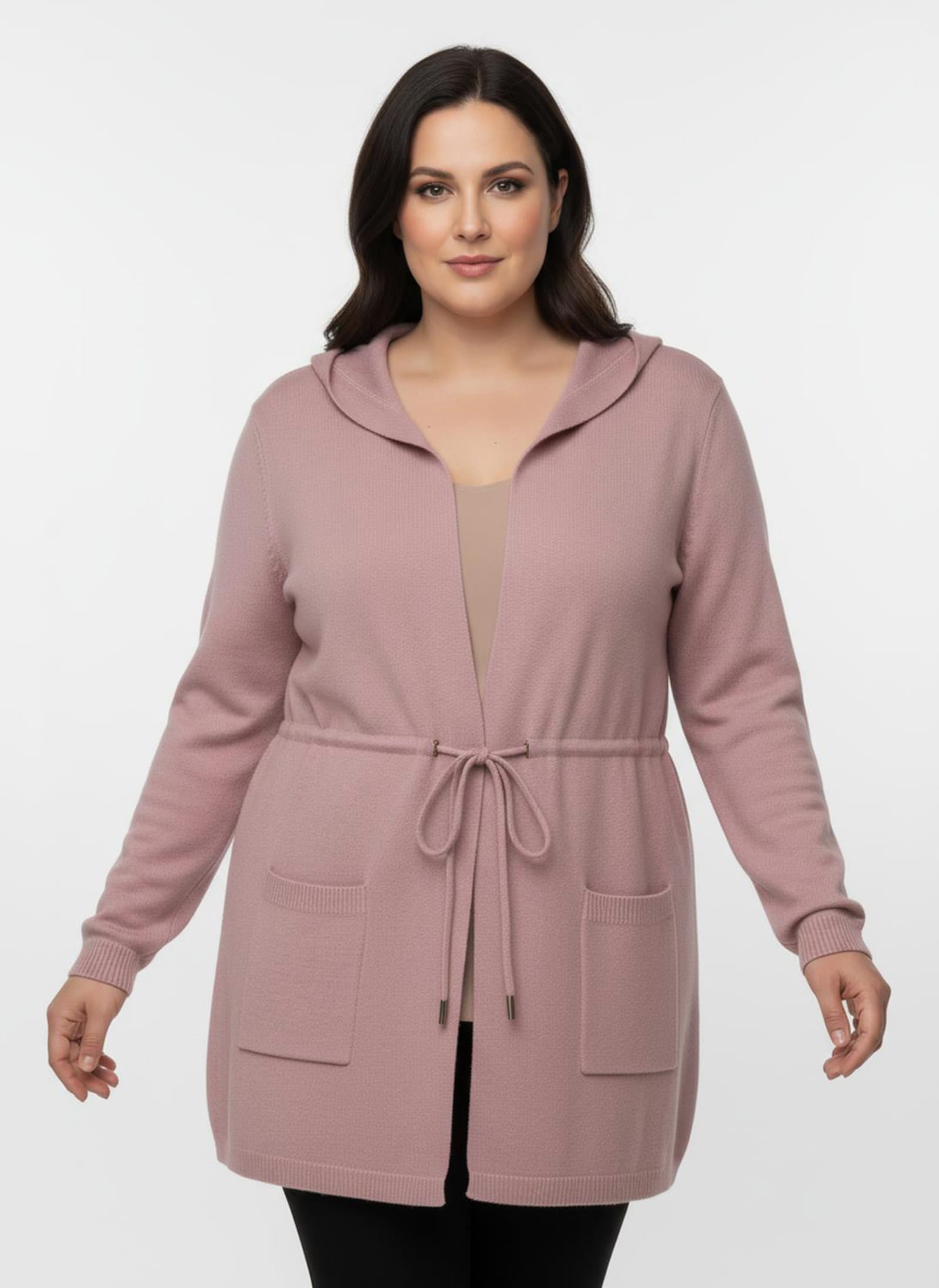 Kapuzenstrickjacke mit Tunnelzug in der Taille - hortensie