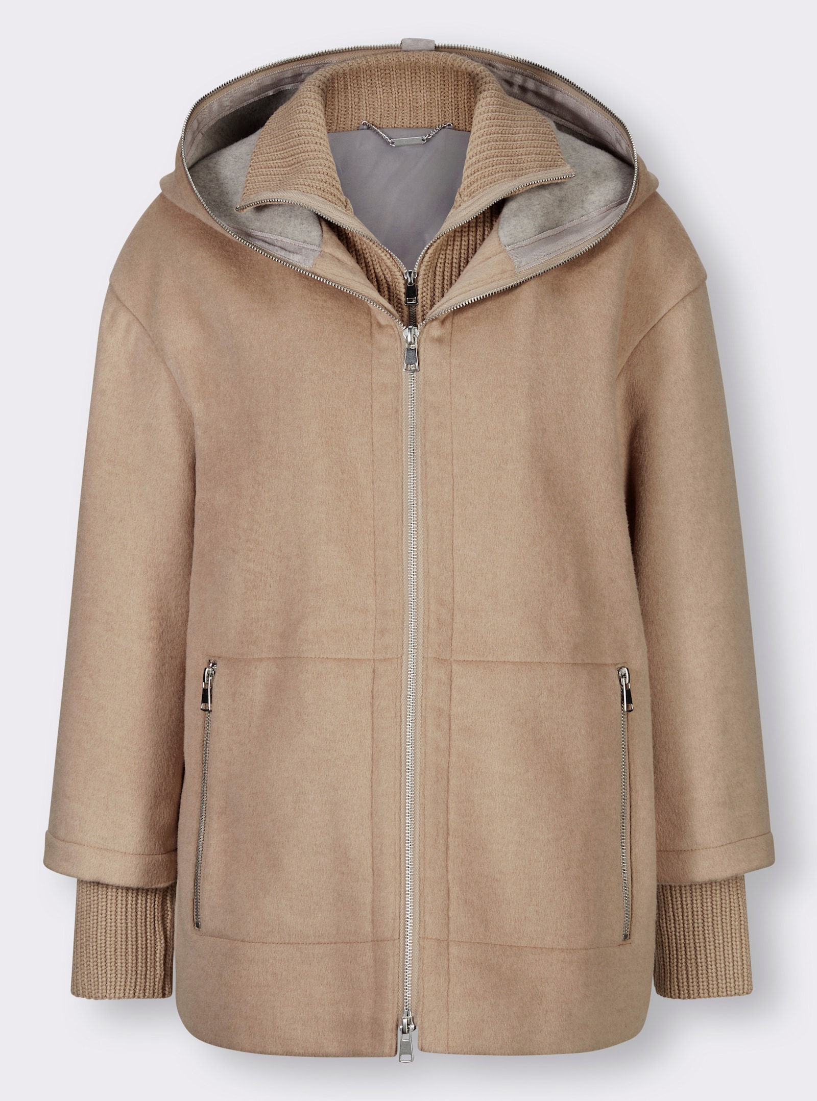 Manisa Wolljacke mit Strickeinsatz am Kragen - camel-sand-meliert