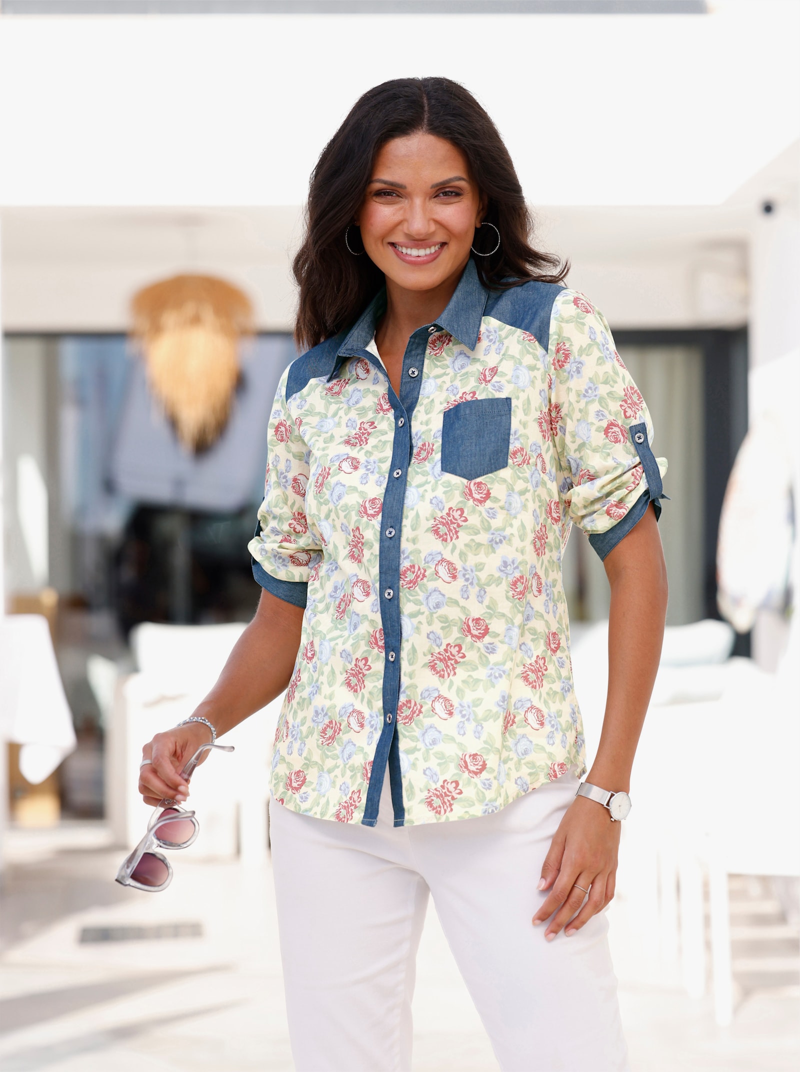 Blouse met print met jeansaccenten - vanille/lindegroen bedrukt