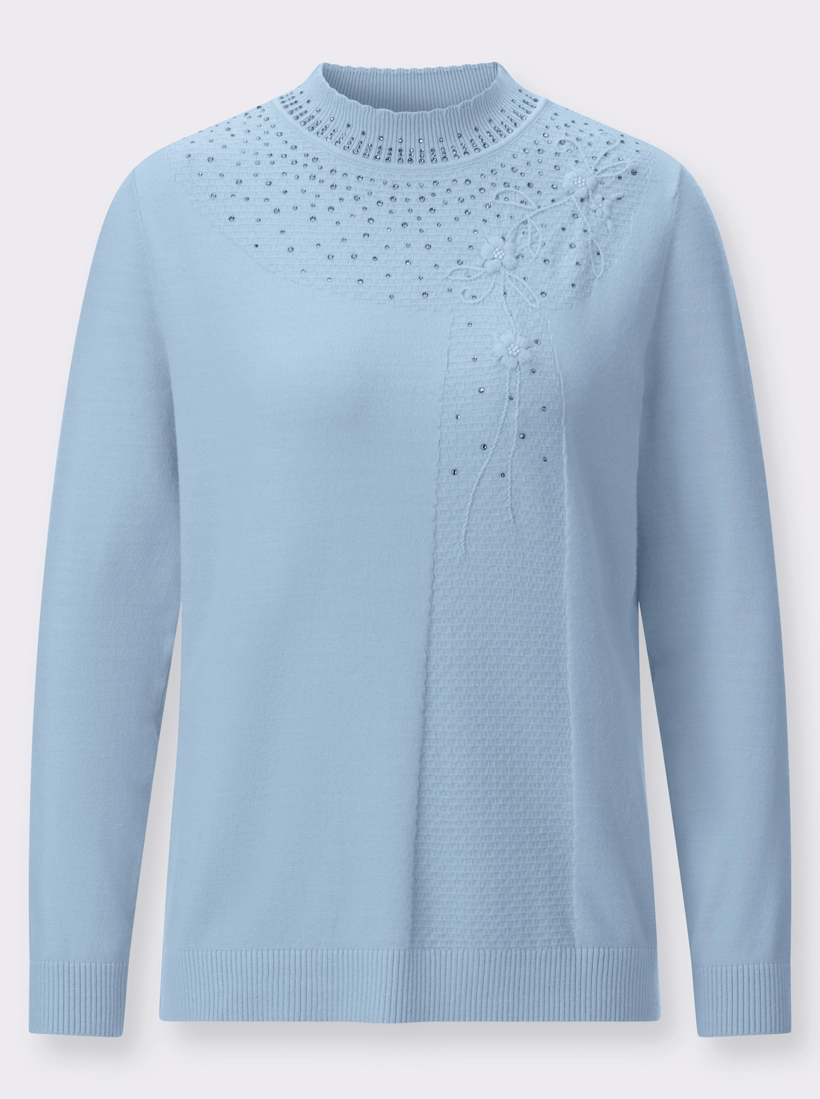 Stehkragenpullover mit Stickerei - hellblau