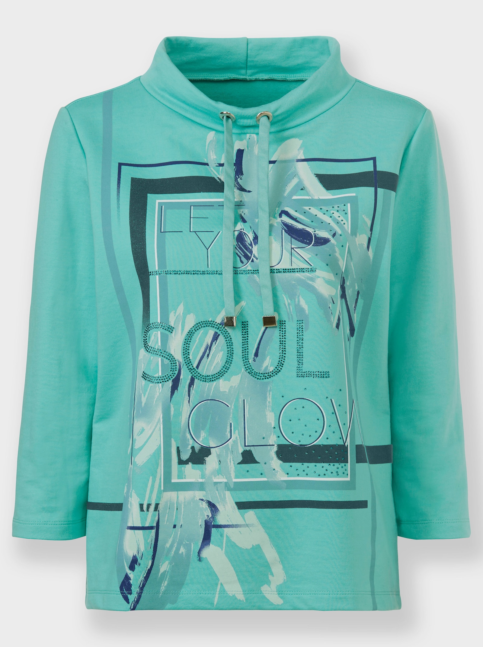 heine Sweatshirt mit Ziersteinchen - blaugrün-weiß-bedruckt