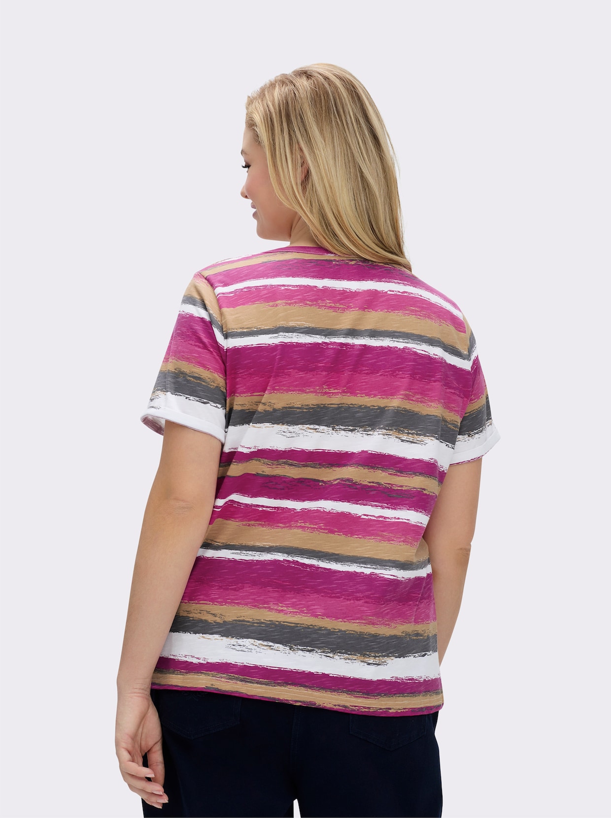 Streifenshirt mit Lederimitat-Details - magenta-camel-bedruckt