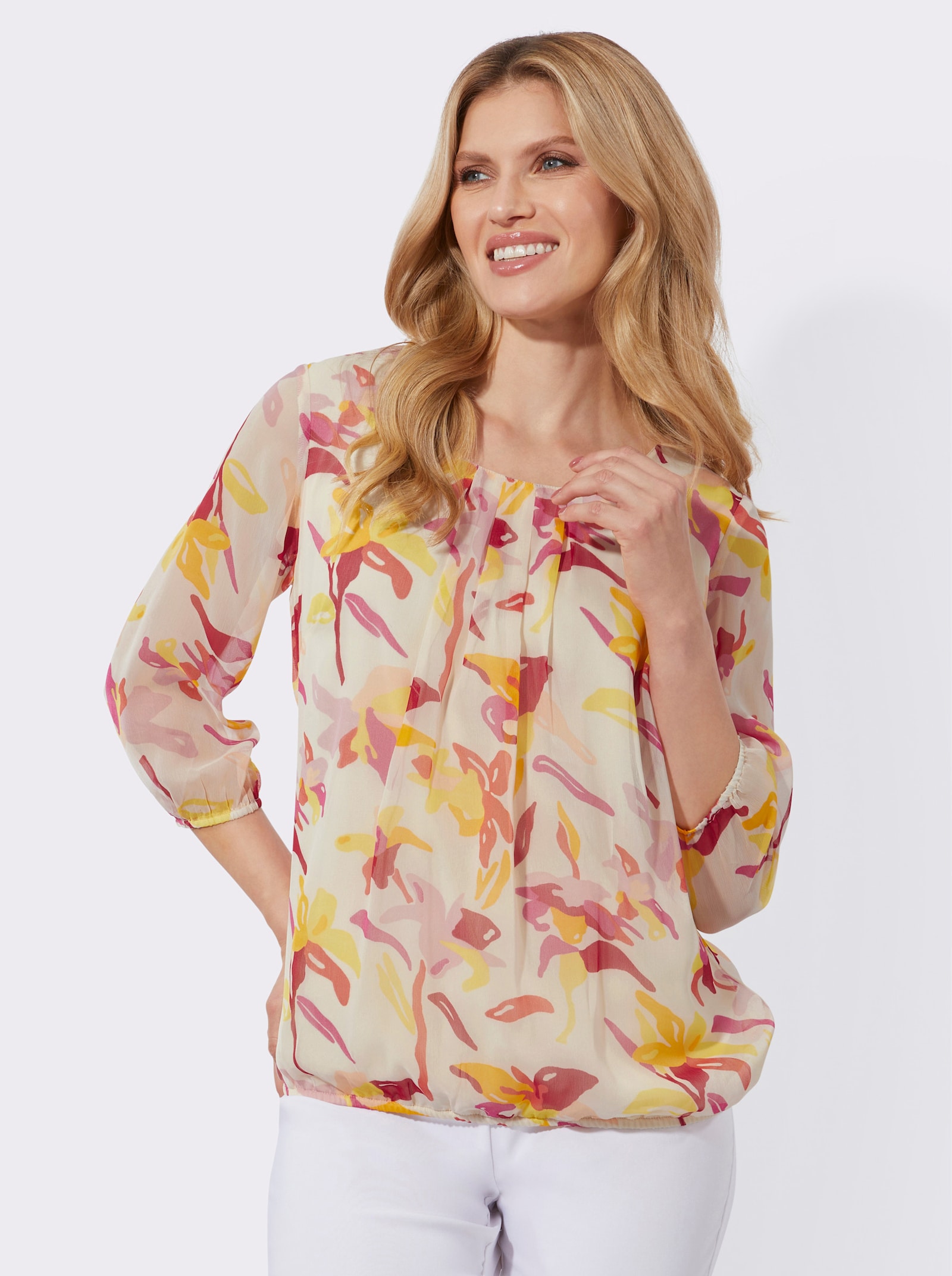 Georgettebluse im floralen Dessin - champagner-apricot-bedruckt