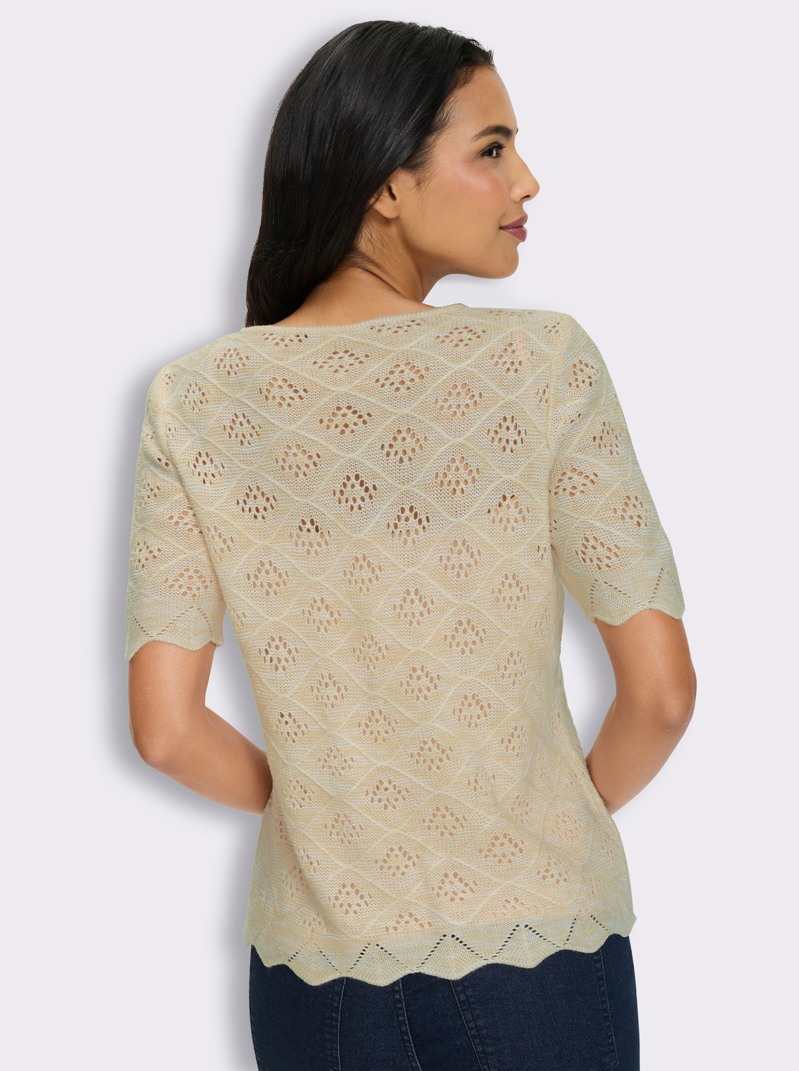 Kurzarmpullover mit Ajour-Muster allover - sand-weiß-meliert