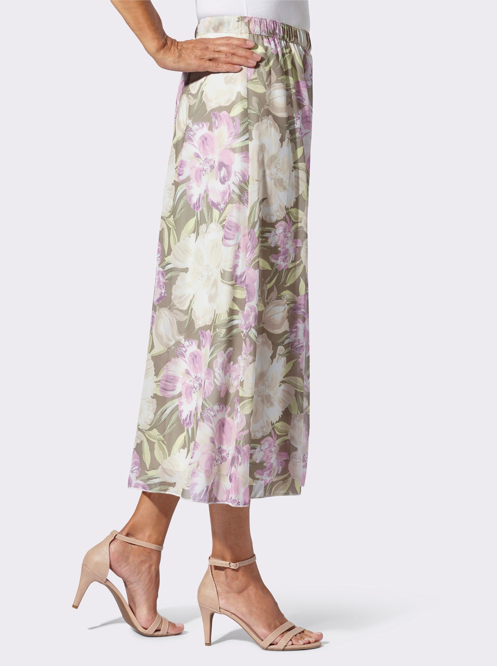 Vådskuren kjol i georgette - pistasch-orkidé-med tryck