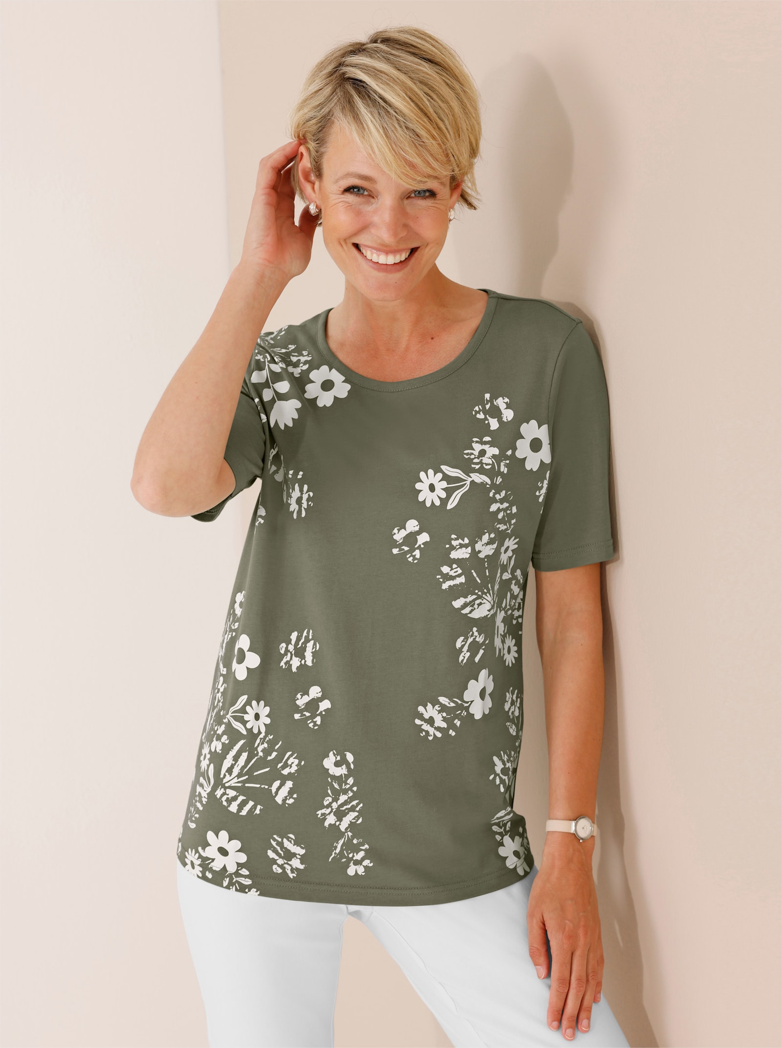 Kurzarmshirt mit Blüten-Druck - khaki-weiß