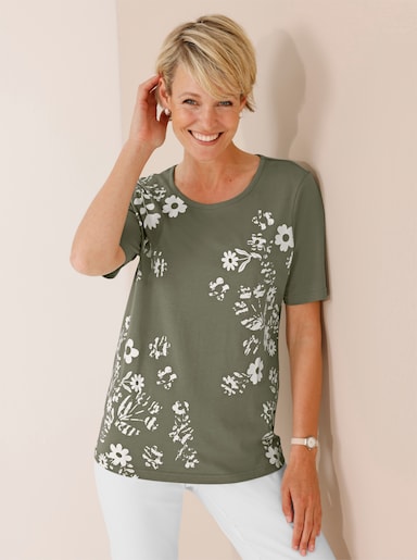Kurzarmshirt mit Blüten-Druck - khaki-weiß