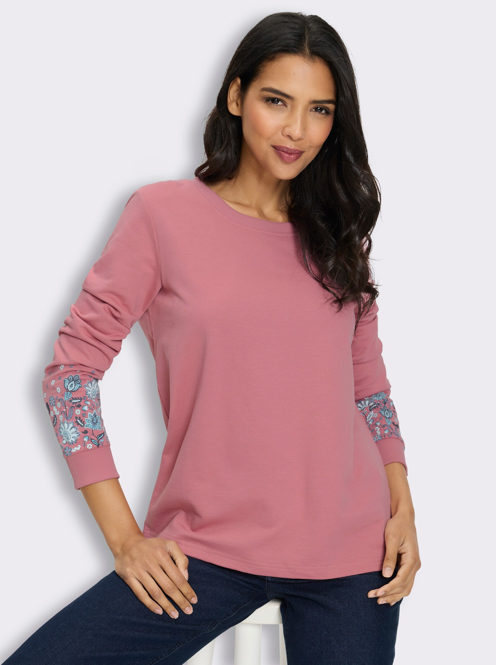 Sweatshirt mit Blütenprint an den Ärmeln - altrosa-bedruckt