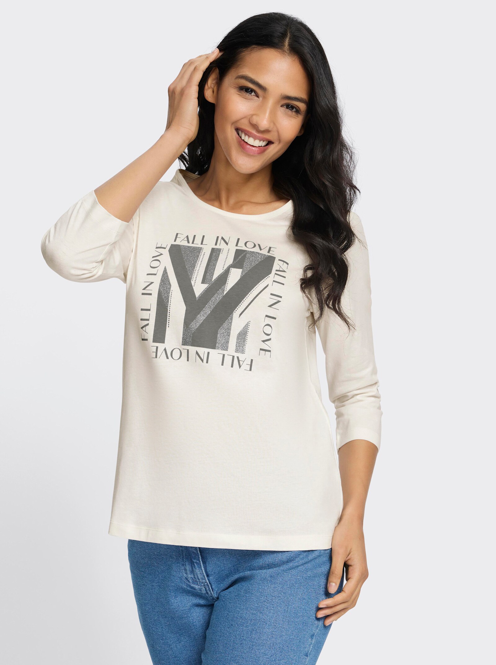 3/4-Arm-Shirt mit Glitzerdruck - ecru-grau