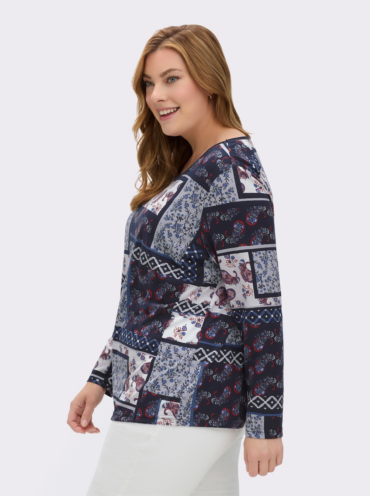 Langarmshirt im Patchwork-Dessin - marine-bedruckt