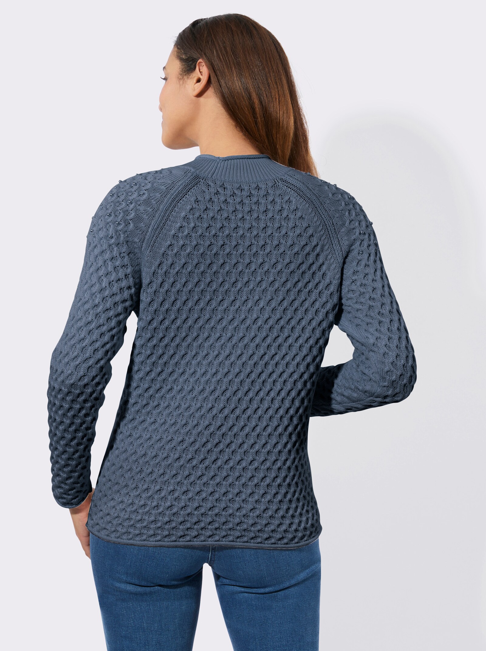 Stehkragenpullover mit Zierperlen - rauchblau