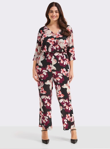 sheego Jumpsuit mit Blumenprint - schwarz-koralle-bedruckt