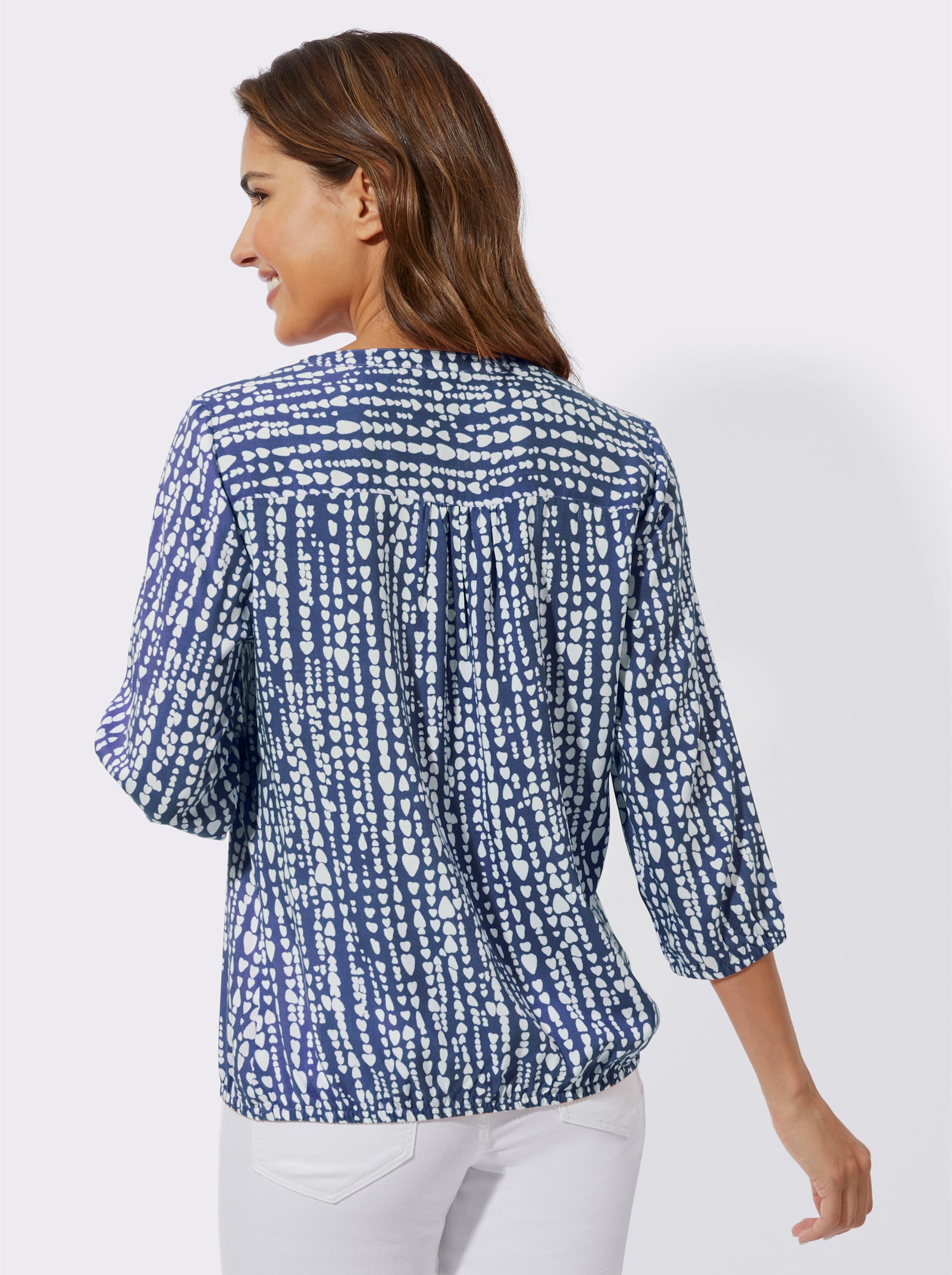 Blouse met print en hartjespatroon, viscose - jeansblauw/wit geprint