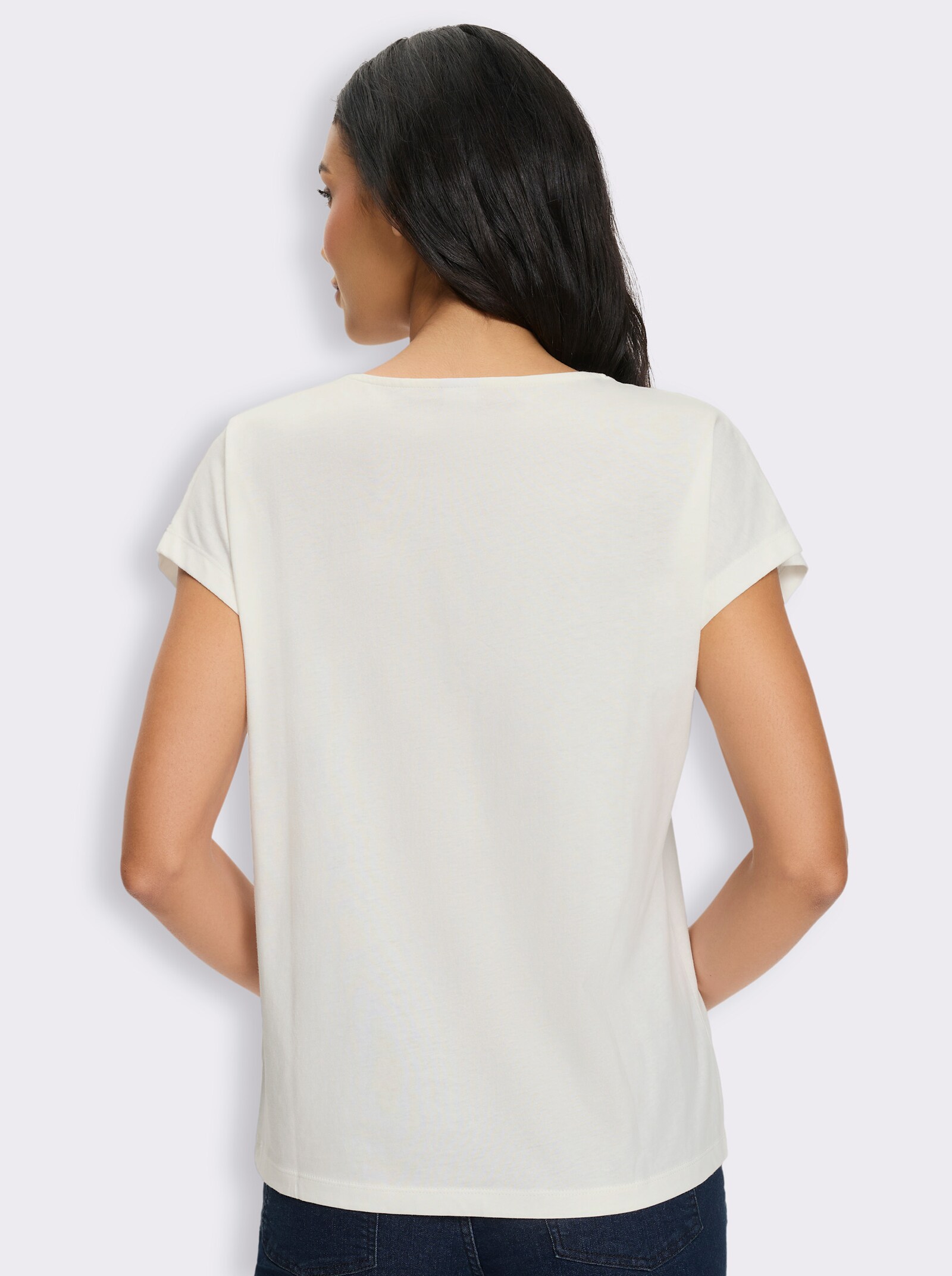 Kurzarmshirt mit Spitze am V-Ausschnitt - ecru