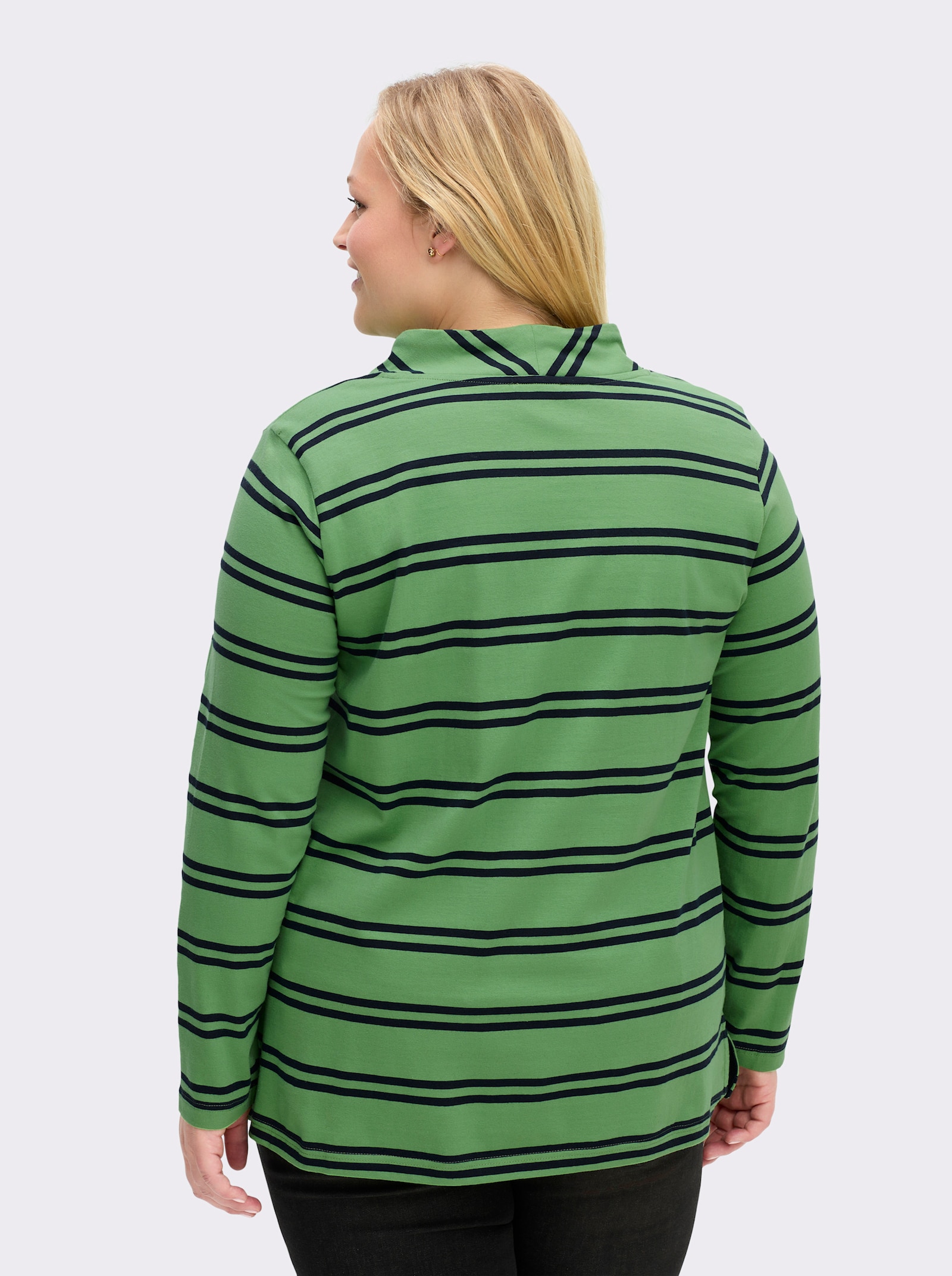 sheego Lang shirt met tunnelkoord aan de opstaande kraag - appelgroen/diepblauw gestreept