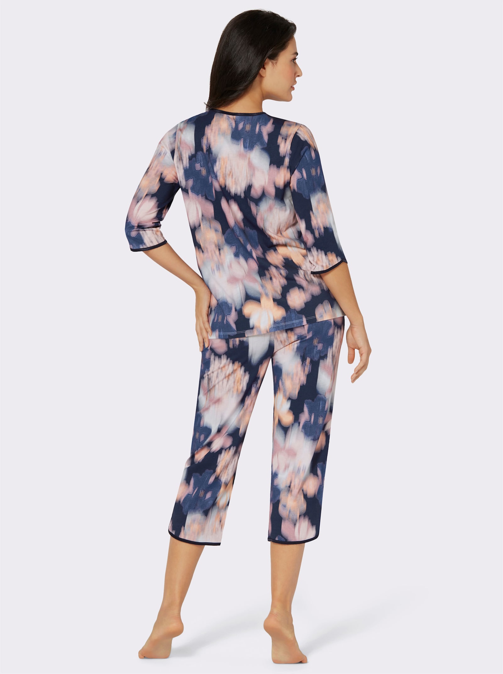 wäschepur Schlafanzug mit Satin-Paspel - marine-hellrosé-bedruckt