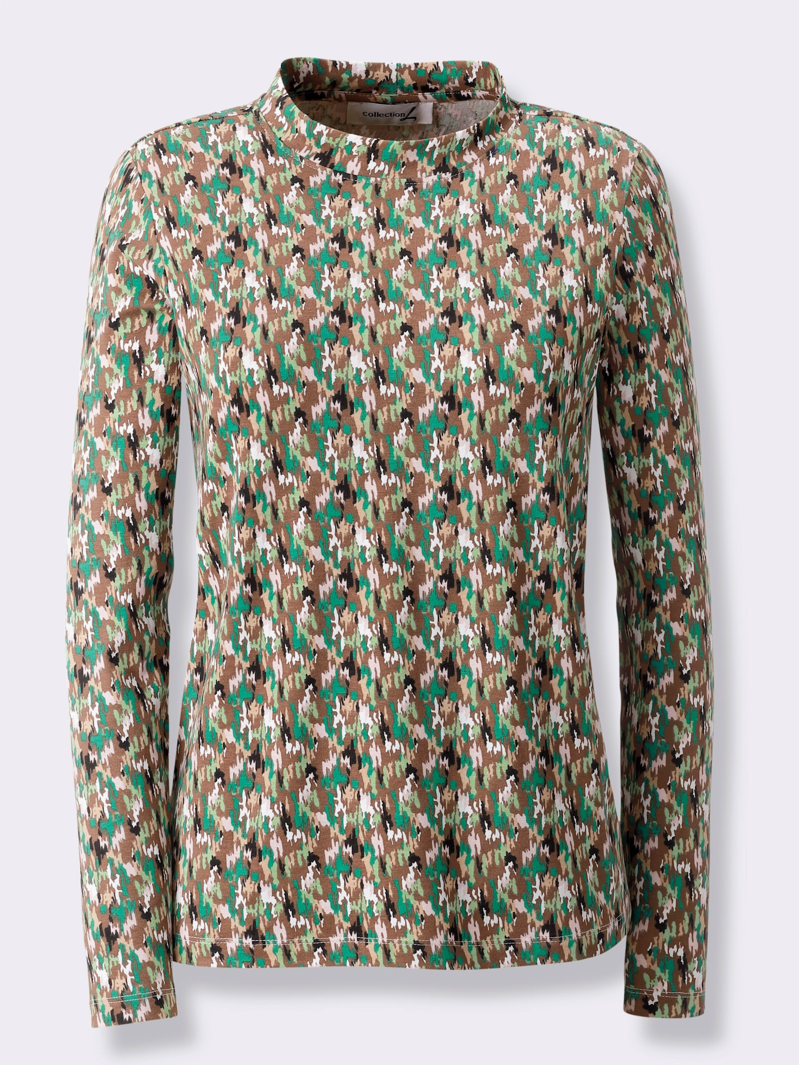Stehkragenshirt mit Grafik-Dessin - camel-grün-bedruckt