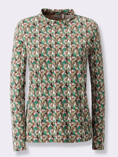 Stehkragenshirt mit Grafik-Dessin - camel-grün-bedruckt