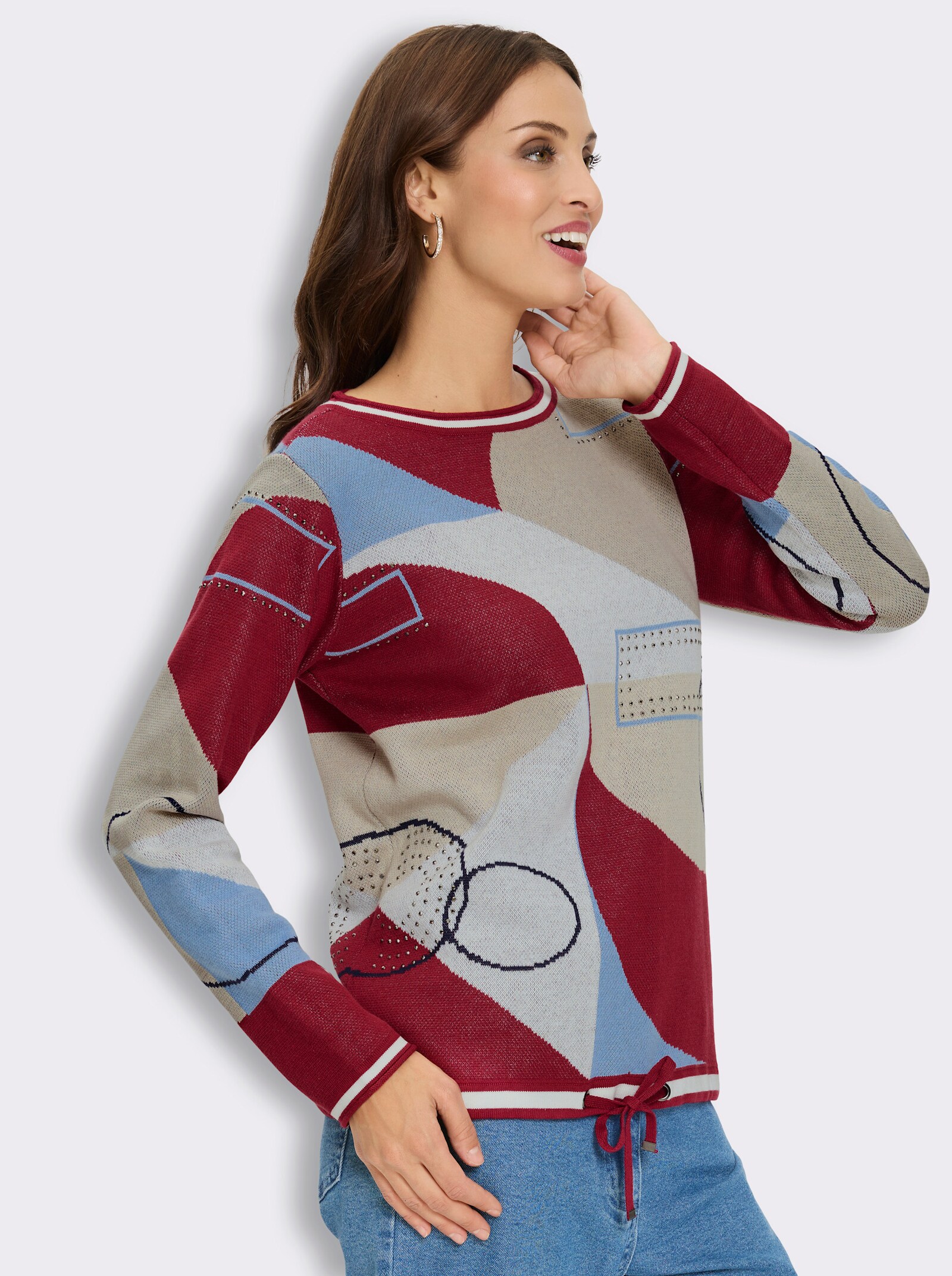 Jacquard-Pullover mit Glitzersteinchen - kirsche-himmelblau-bedruckt