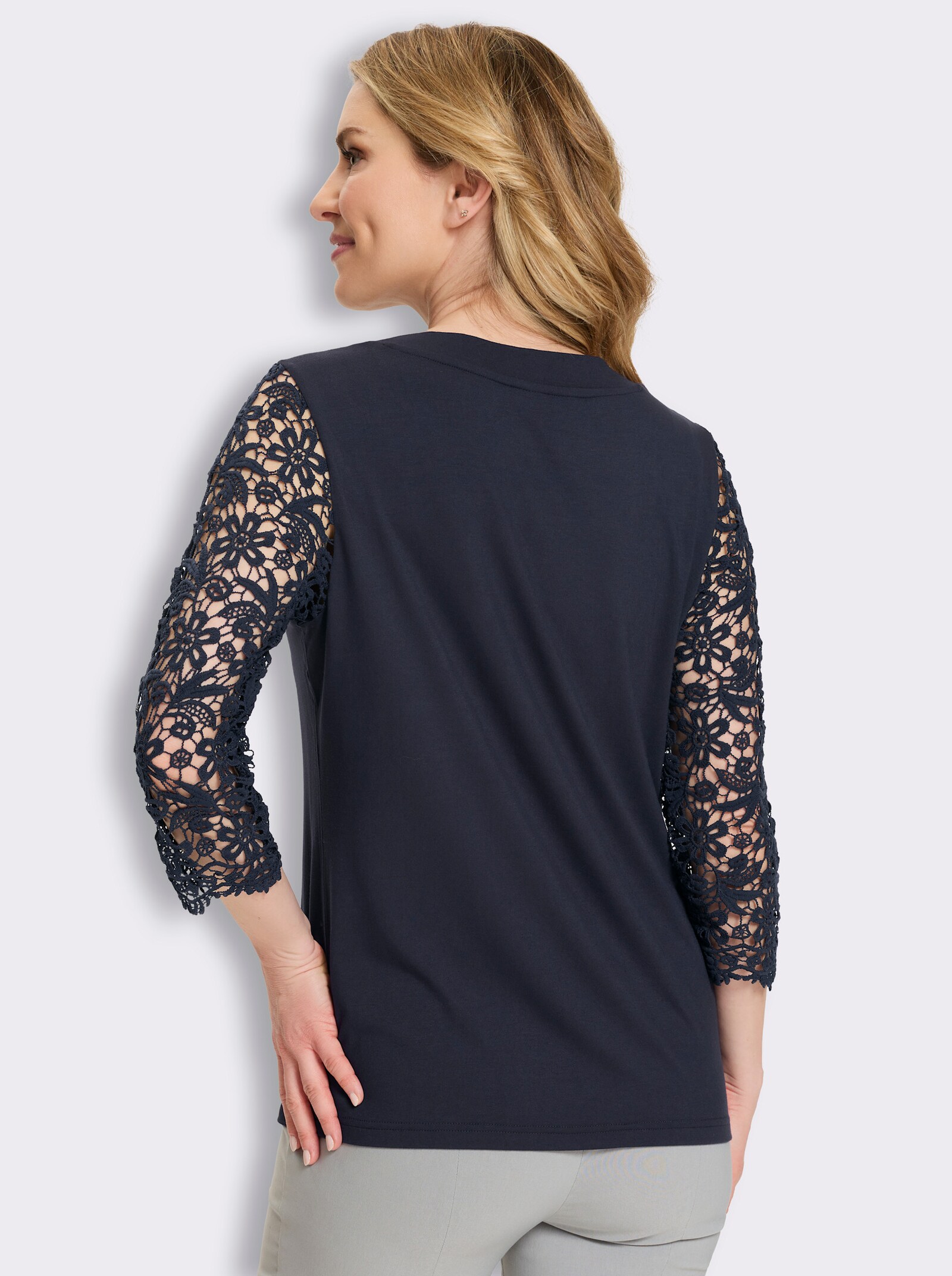 2-in-1-Shirt mit Ärmeln aus Spitze - marine