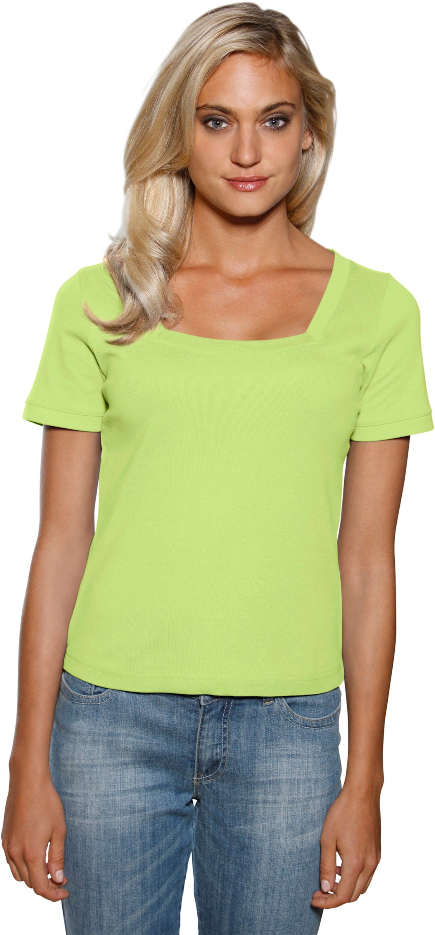 Figur mit günstig Kaufen-Carré-Shirt in kiwi von heine. Carré-Shirt in kiwi von heine <![CDATA[Carré-Shirt Mit großzügigem Ausschnitt. Aus trageangenehmer, feiner Rippenware. Figurbetonte Form.]]>. 