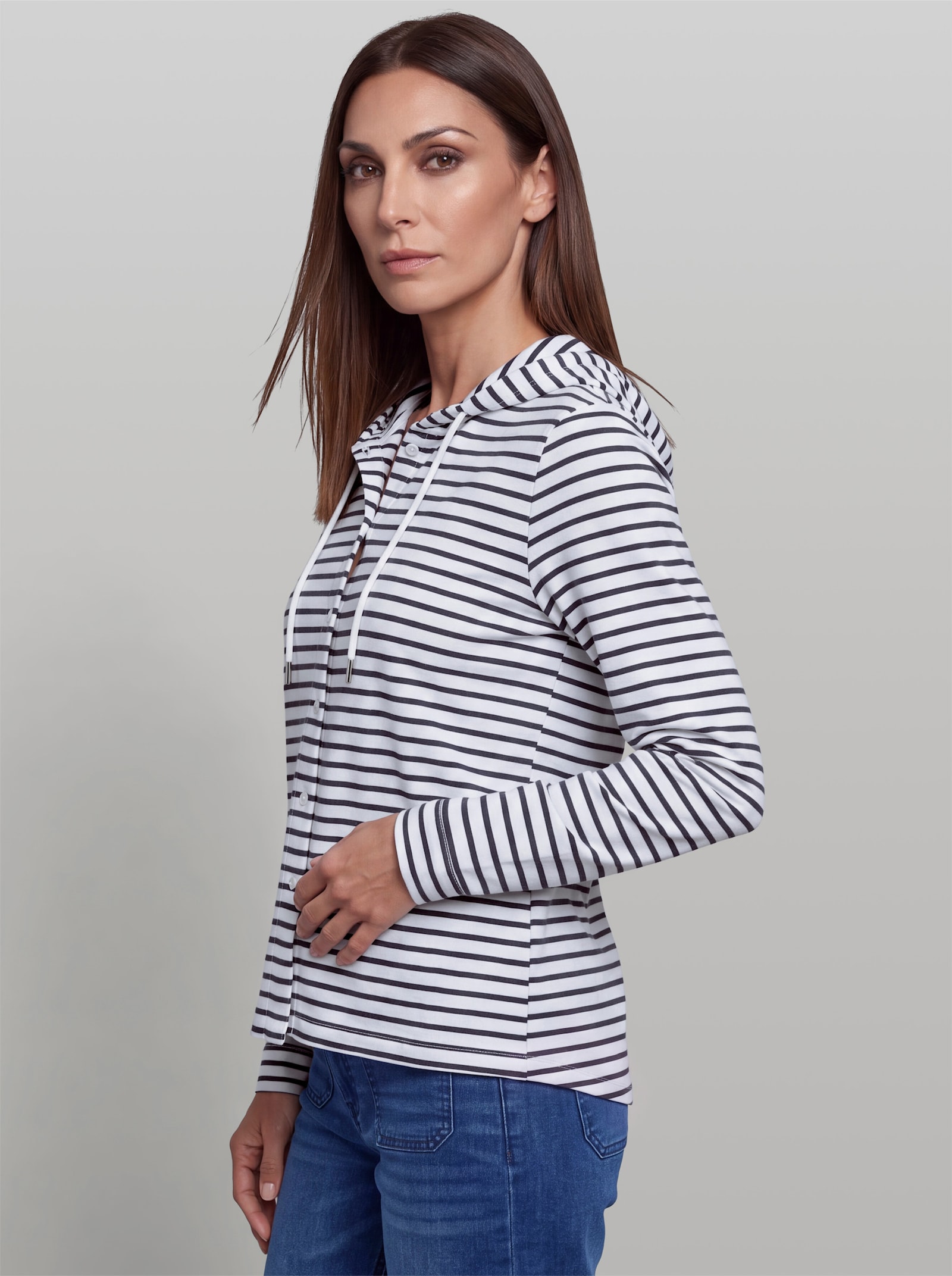 heine Streifenshirt mit Kapuze - weiß-marine-geringelt