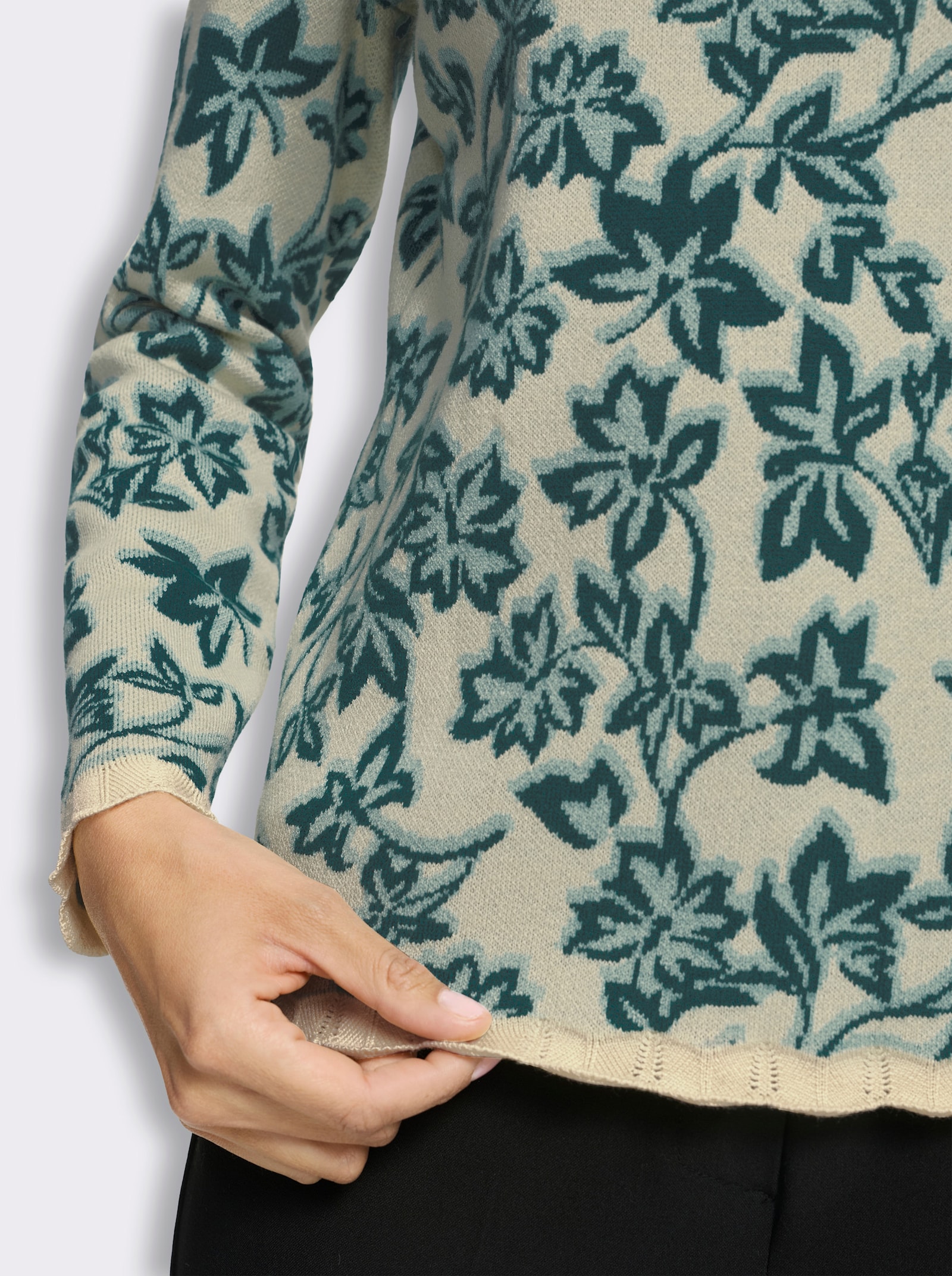Jacquard-Pullover im Blätter-Dessin - champagner-petrol-gemustert
