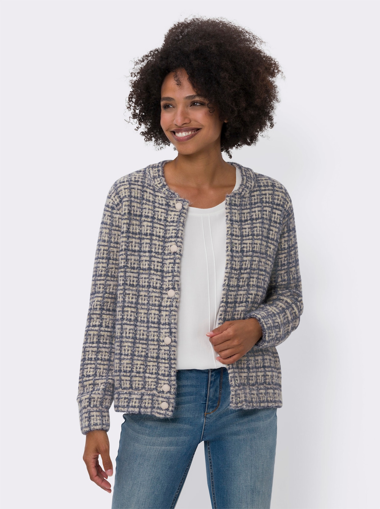 heine Strickjacke - dunkelblau-champagner-gemustert