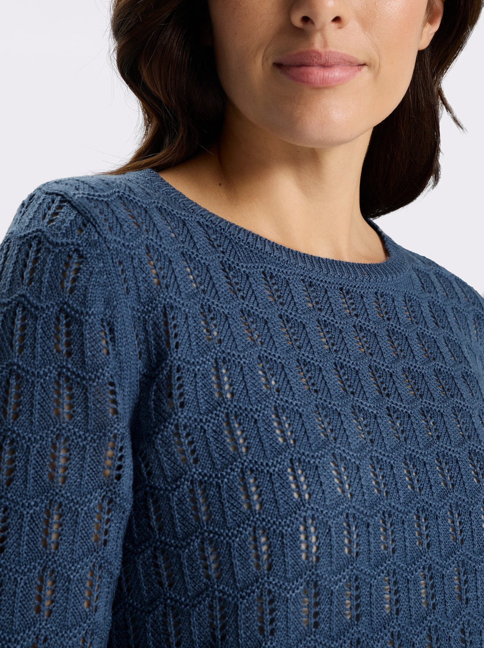 Ajourpullover mit gerippten Bündchen - jeansblau