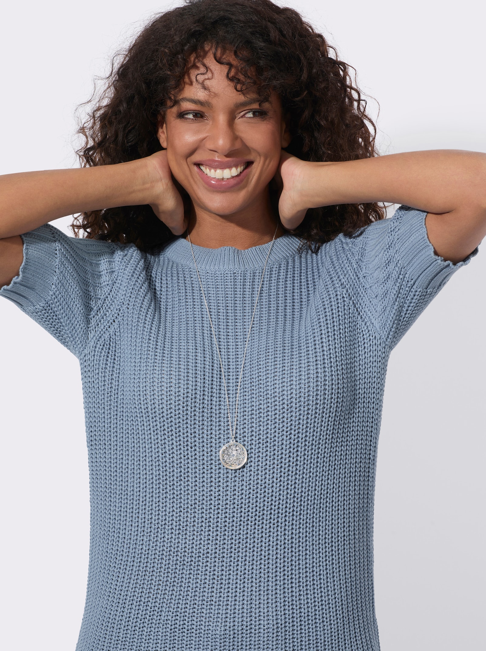 Kurzarmpullover mit Strickmuster - bleu